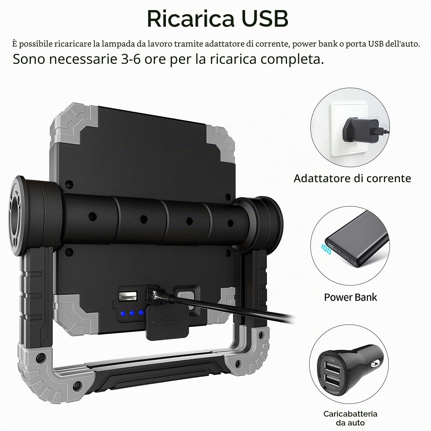 Lampada da lavoro a LED, ricaricabile 20W faretto da lavoro molto luminoso con rotazione a 360° pieghevole impermeabile per riparazione auto, campeggio