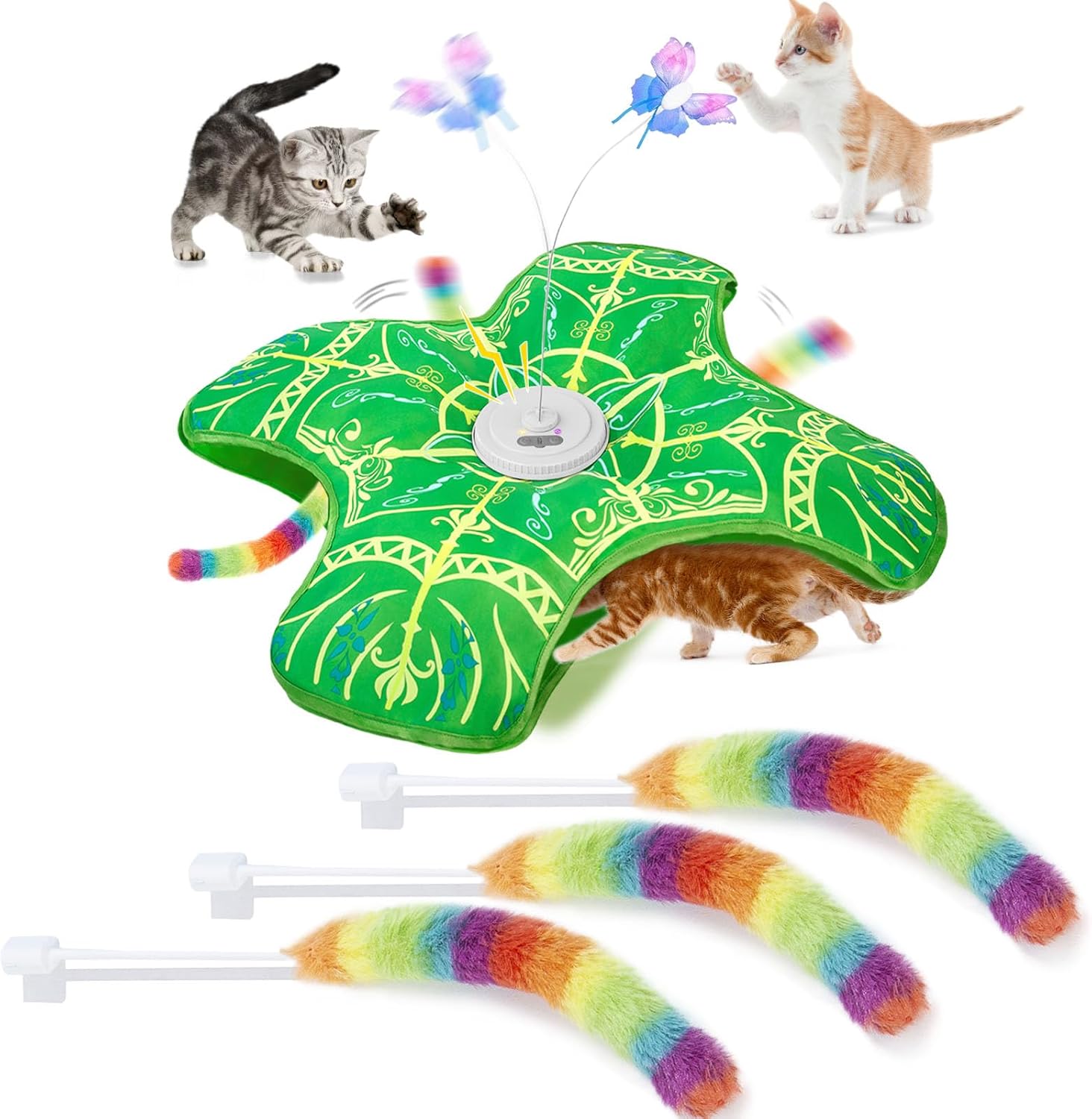 Interactive Hide and Seek Cat Toy with Green Cover + 3 Plush Tail Wand Replacements