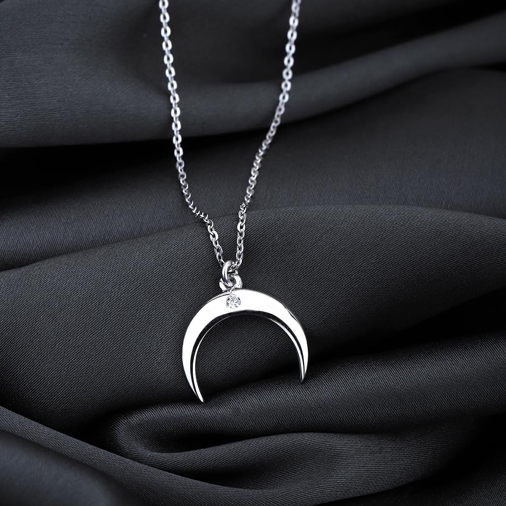 Vanbelle Sterling Silver Jewelry - Genuine Diamond Accent - Rhodium Plated with 925 Stamp - Crescent Horn Natural Diamond Pendant Necklace for Women - Chain 16" Long + 2" Extender