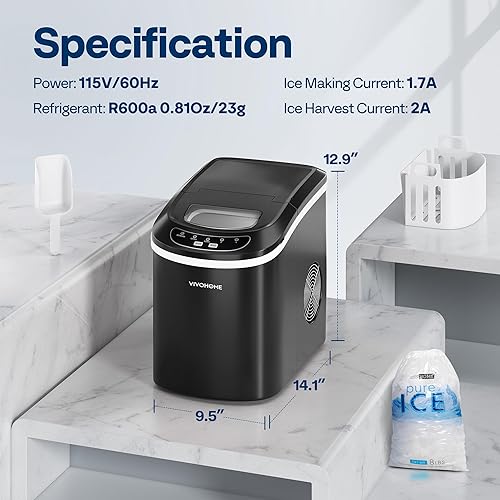 Miniatura 7 de VIVOHOME Máquina eléctrica portátil compacta para hacer cubitos de hielo automática con cuchara de mano y función de autolimpieza, 26 librasdía negro