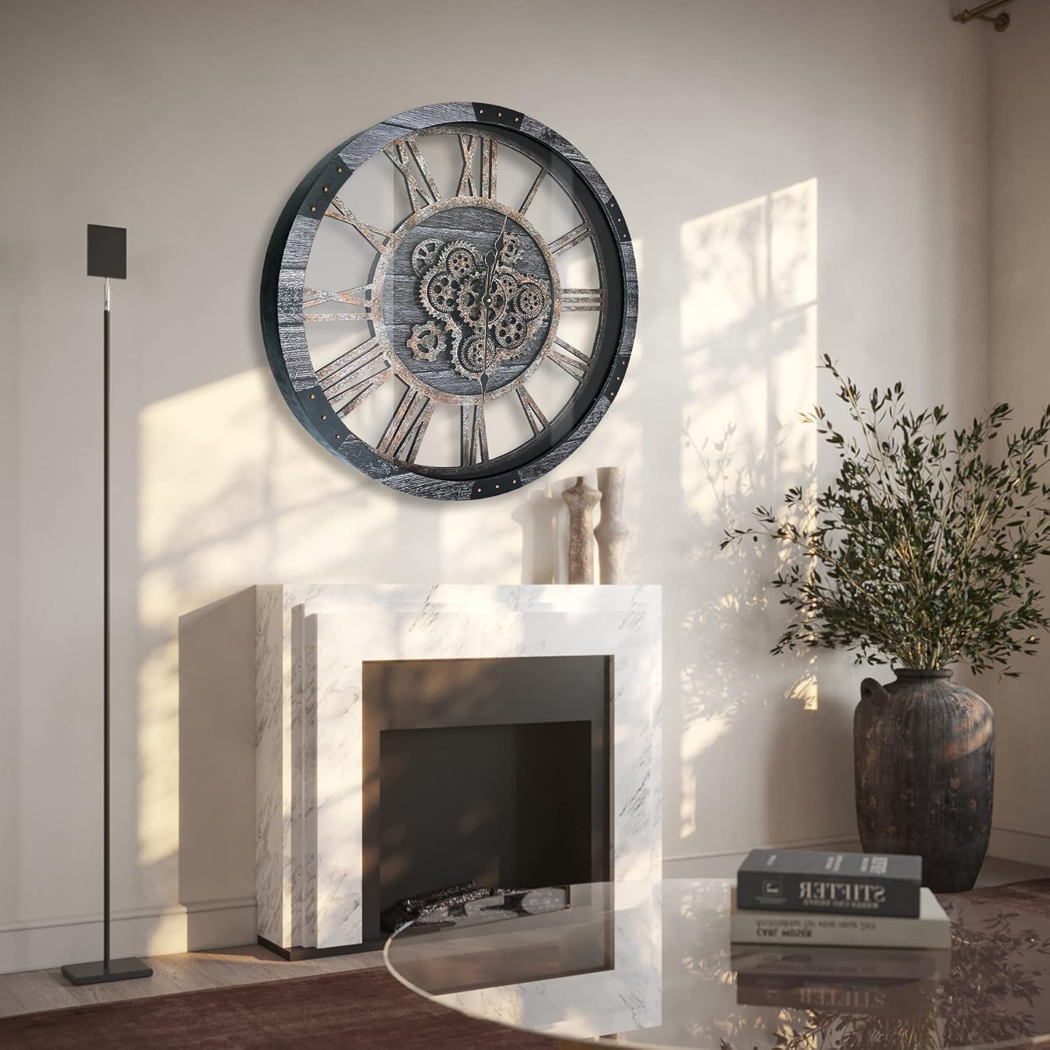 36 Inch Moving Gear Wall Clock, Oversized Wall Clocks, Clock Living Room Decor, Solid Wood Frame, Battery Operated, Large Wall Clock with Steampunk Industrial for Fireplace(Gray)