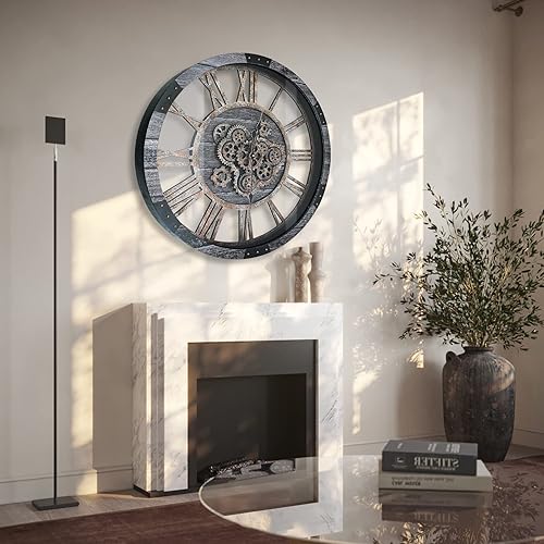 Miniatura 7 de Reloj de pared con engranaje móvil de 27 pulgadas, relojes de pared de gran tamaño, reloj de decoración de sala de estar, marco de madera maciza,