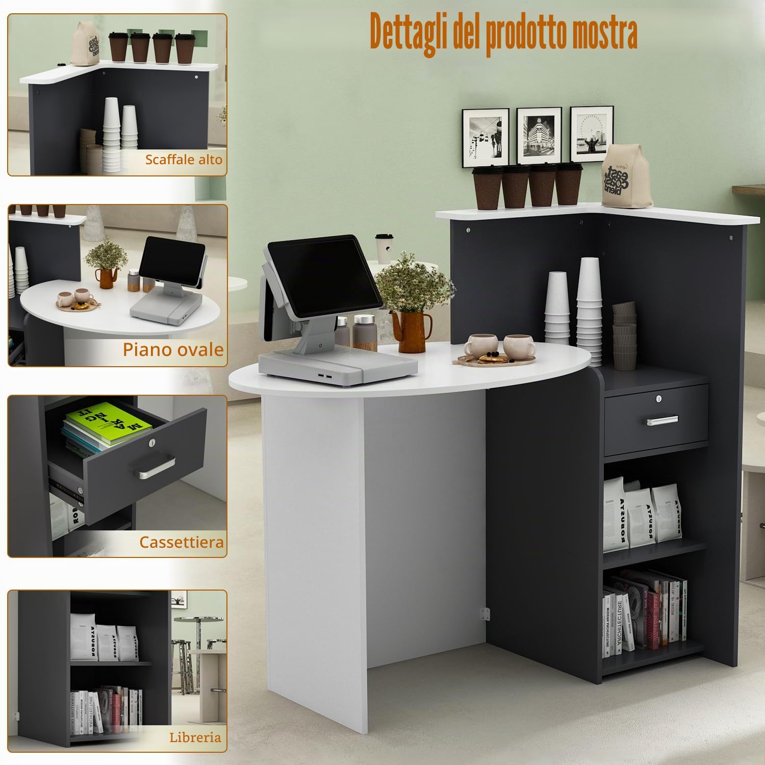 Banco reception Cassettiera con ripiano e cassetto, bancone patchwork nero-grigio, MDF, 40 x 121 x 110 cm