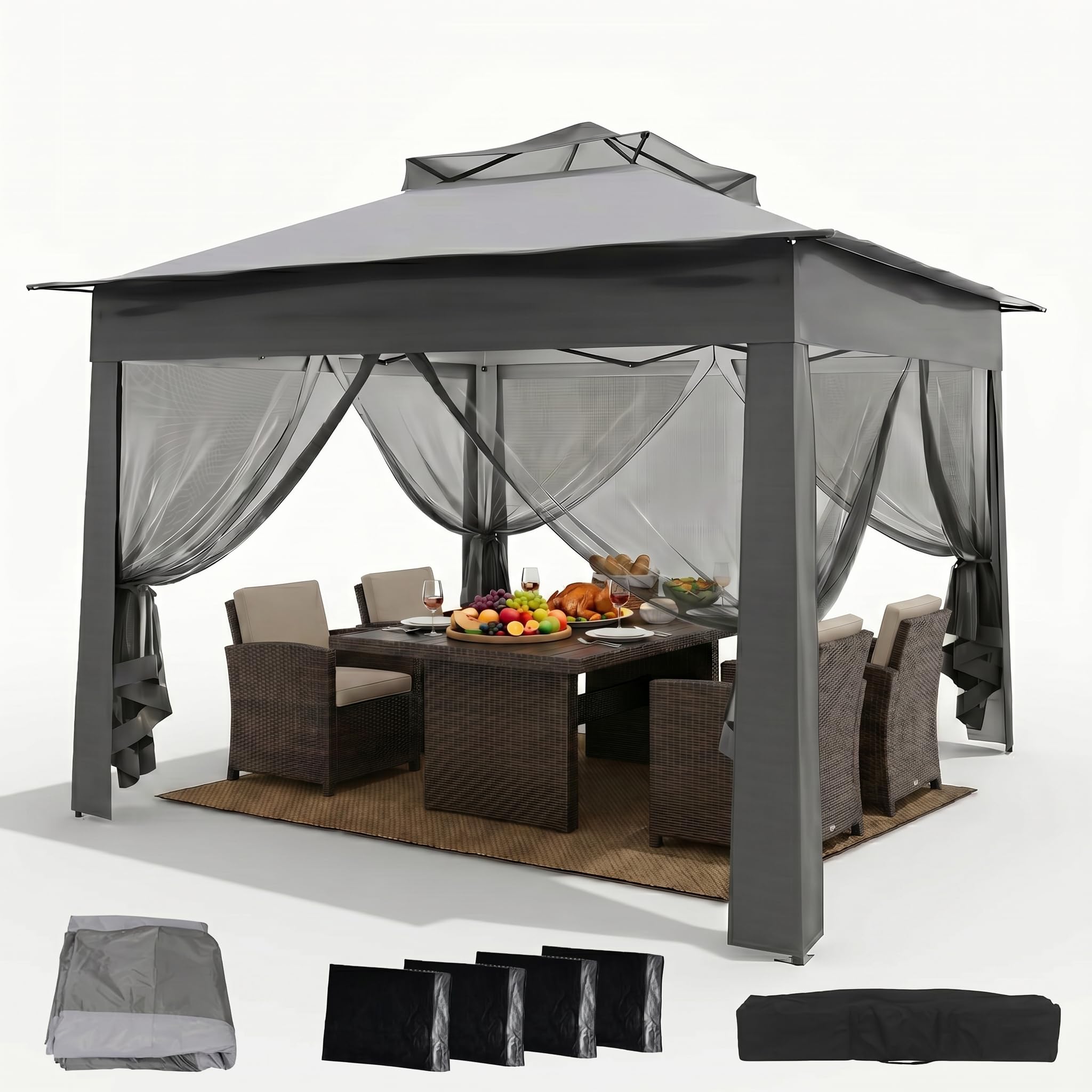 ELECWISH Pop Up Gazebo, Gazebo with Sides 3m X 3m, Double Roof Canopy Tent with Zipped Mesh Sidewalls, 4 Removable Side Panels and Carrying Bag, Garden Event Shelter for Patio, Backyard