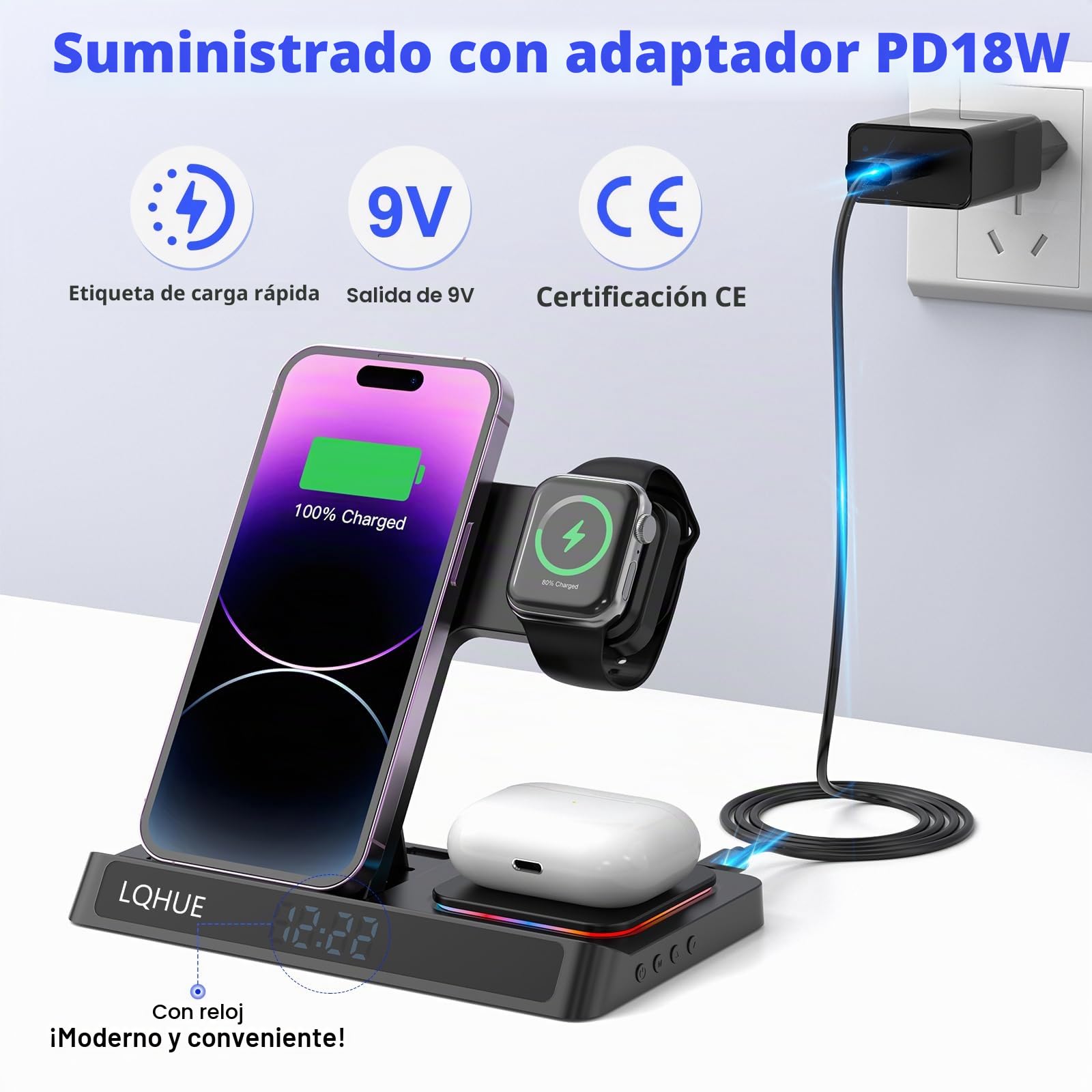 4 en 1 Cargador inalámbrico,15W Cargador inalambrico,Compatible con iPhone und Watch iPhone 15 14 13 12 11 Pro SE X XS XR & Watch 9 8 7 6 SE 5 4 3 2 Air Pods Pro Wireless Charger