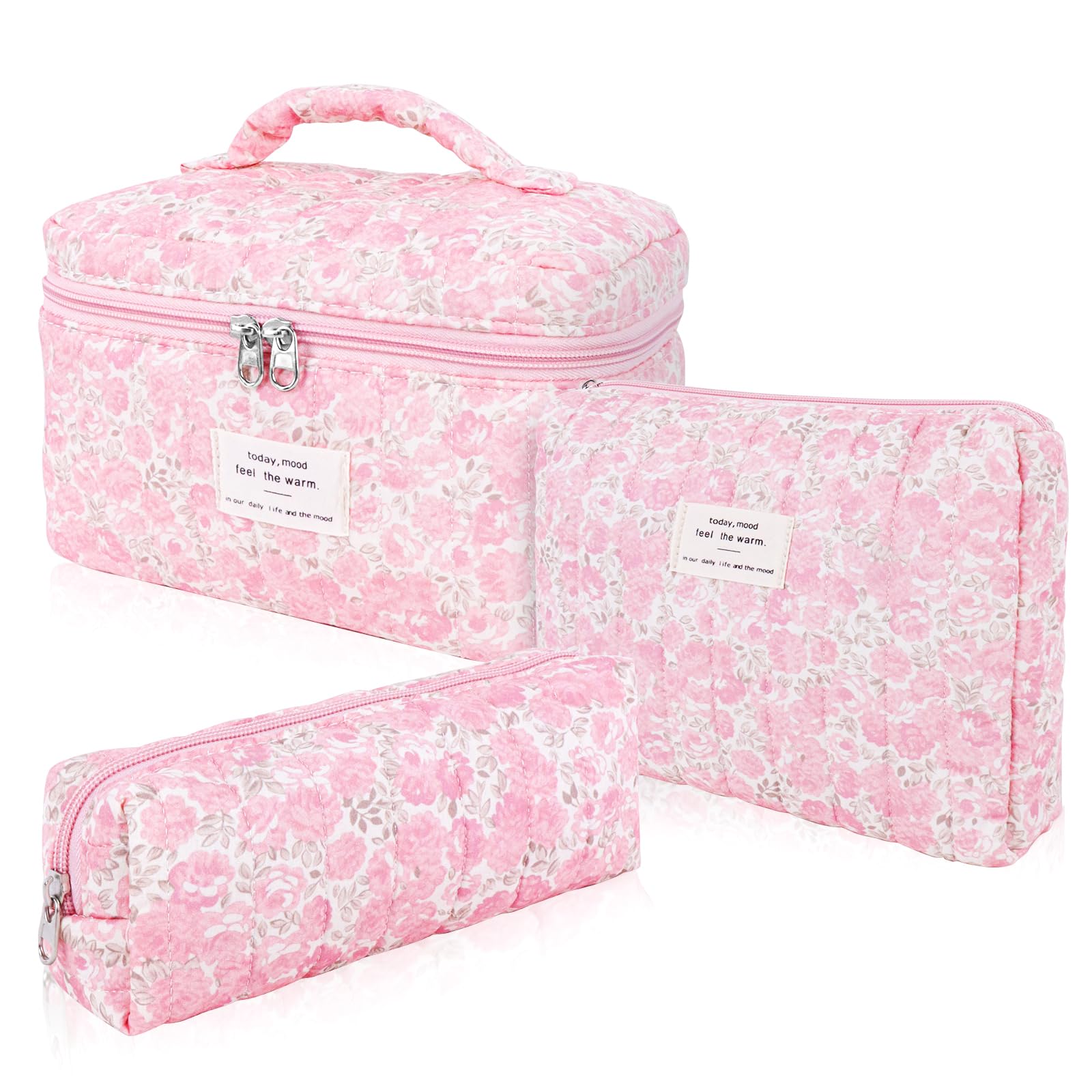 Hatende 3Pcs Cotton Quilted Makeup Bag Set,Large Floral Cosmetic Bag，Aesthetic Toiletry Travel Makeup Bag Set and Cute Flower Bag for Women Girls (Pink Flower)