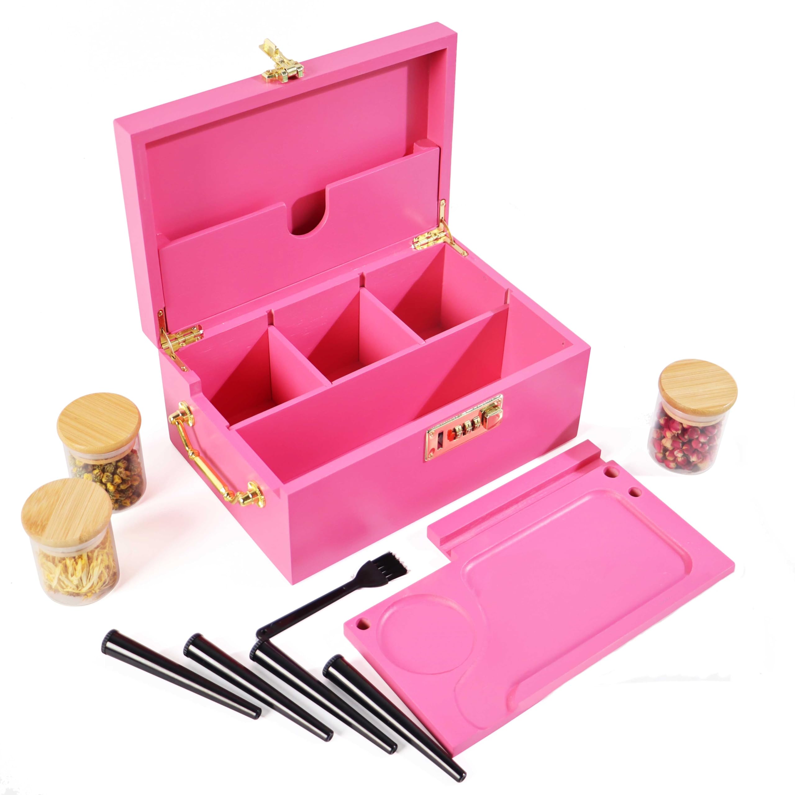 JIABOLANG Bamboo Box with Combination Lock & Accessories (Rose)