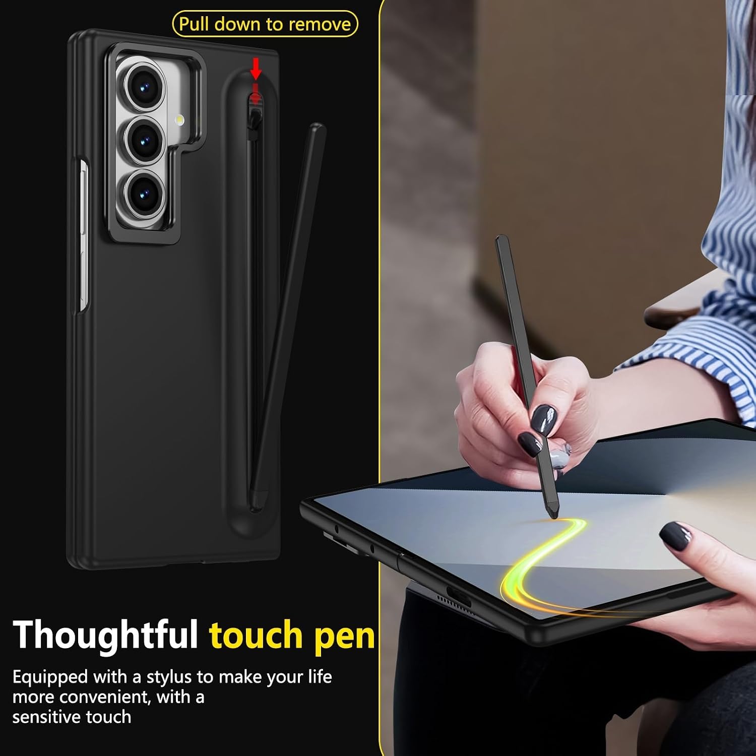 Smartphone Flip Cover Camera Stand Compatible with Samsung Galaxy Z Fold 7 Case with Built-in New Compact S Pen Slot, Case with Screen Protector Folding Series Protective Cover W/Regular Stylus(Black