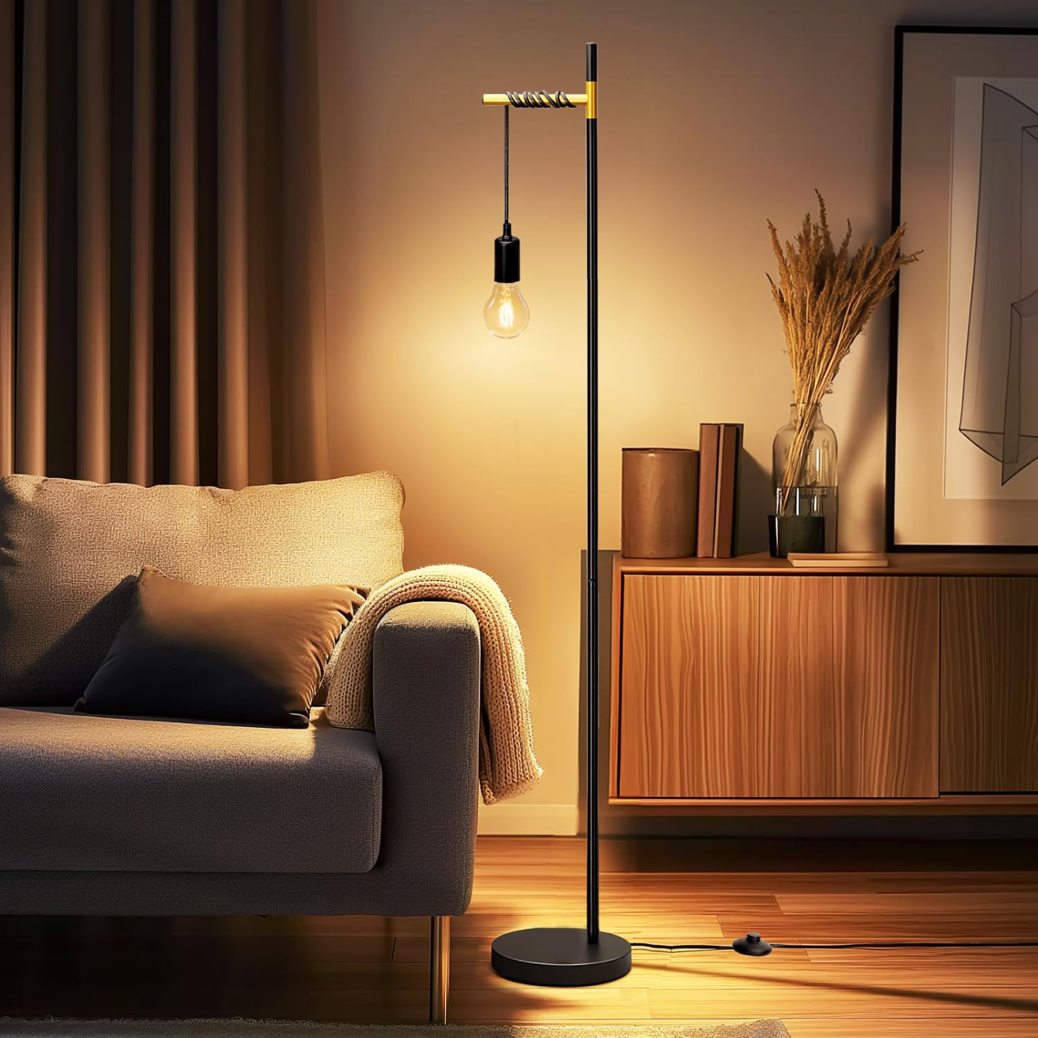 Aigostar E27 Retro Floor Lamp, Metal Floor Lamp for Living Room(without Bulb), Hanging Floor Lamp with 180 cm Cable and Foot Switch, MAX.40W, Black/Gold