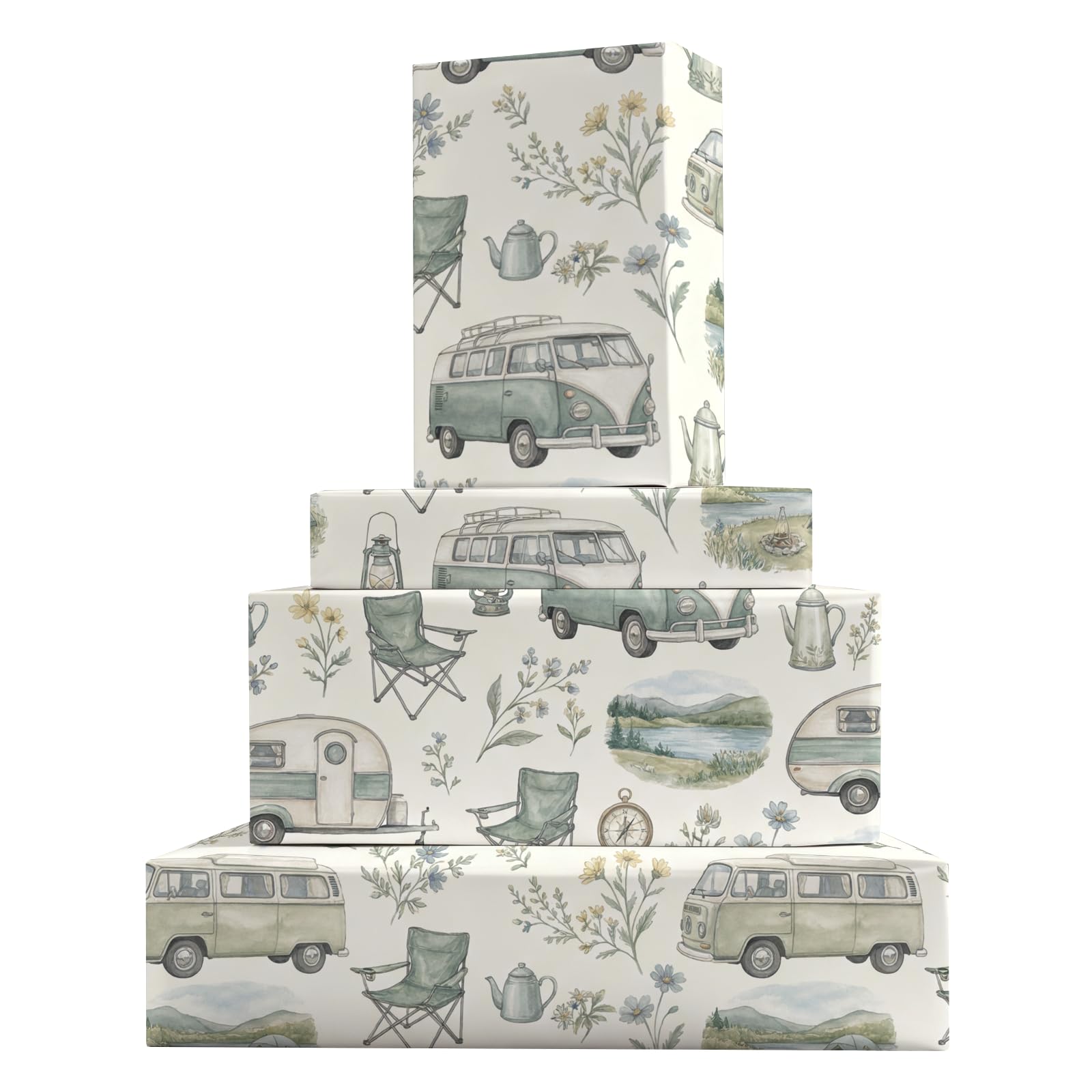 GleeWrap 4 Sheets Camper Van Wrapping Paper, RV Camping Themed Gift Wrap, 50 x70cm Vintage Outdoor Adventure Wrapping Sheets for Birthday, Camping Lover,Road Trip