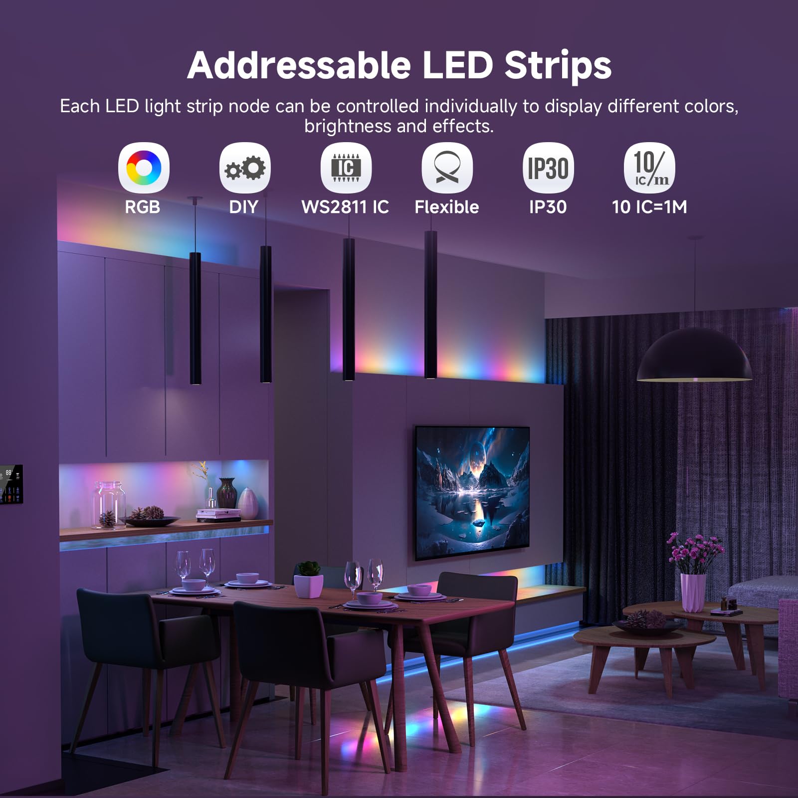 SEZO FCOB RGB WS2811 IC Tira LED direccionable COB RGB IC Chasing Alta densidad 5M DC24V 630LEDs/M IP30 Tira LED PCB negro para decoración DIY en interiores (no incluye controlador SPI)