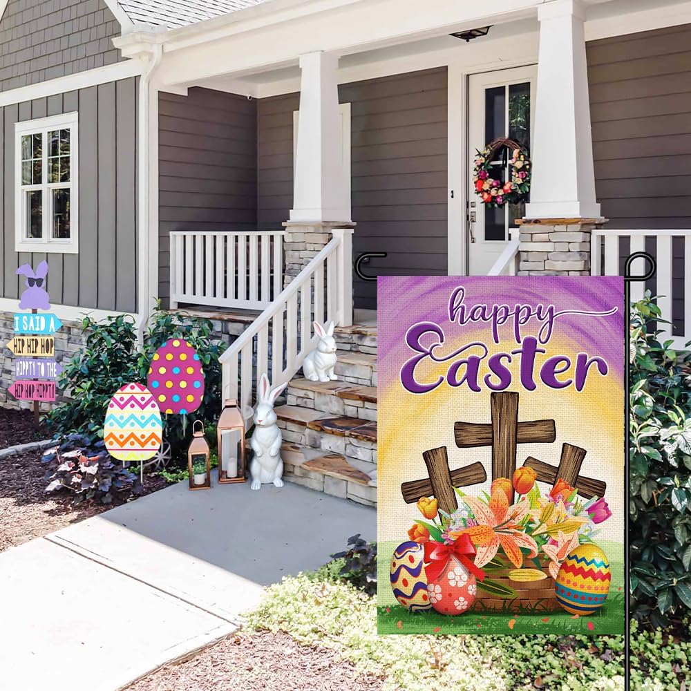 Happy Easter Garden Flag Burlap 12x18 Double Sided, Spring Flower Eggs Christian Sign Small Flag Farmhouse Yard Outdoor Decorations DF685 - Image 3