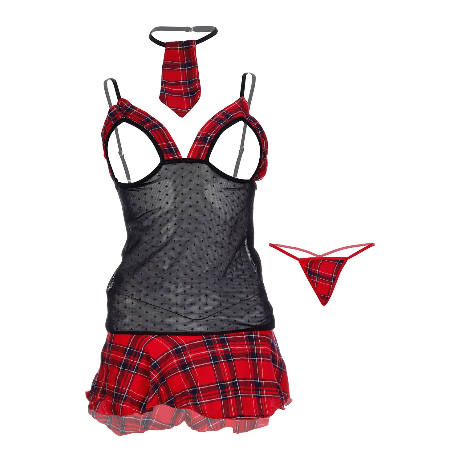 Women’s Schoolgirl Role-Play Lingerie Set with Red Plaid Skirt Black Mesh Bodysuit Open Cup Design with Tie & Thong-image-25