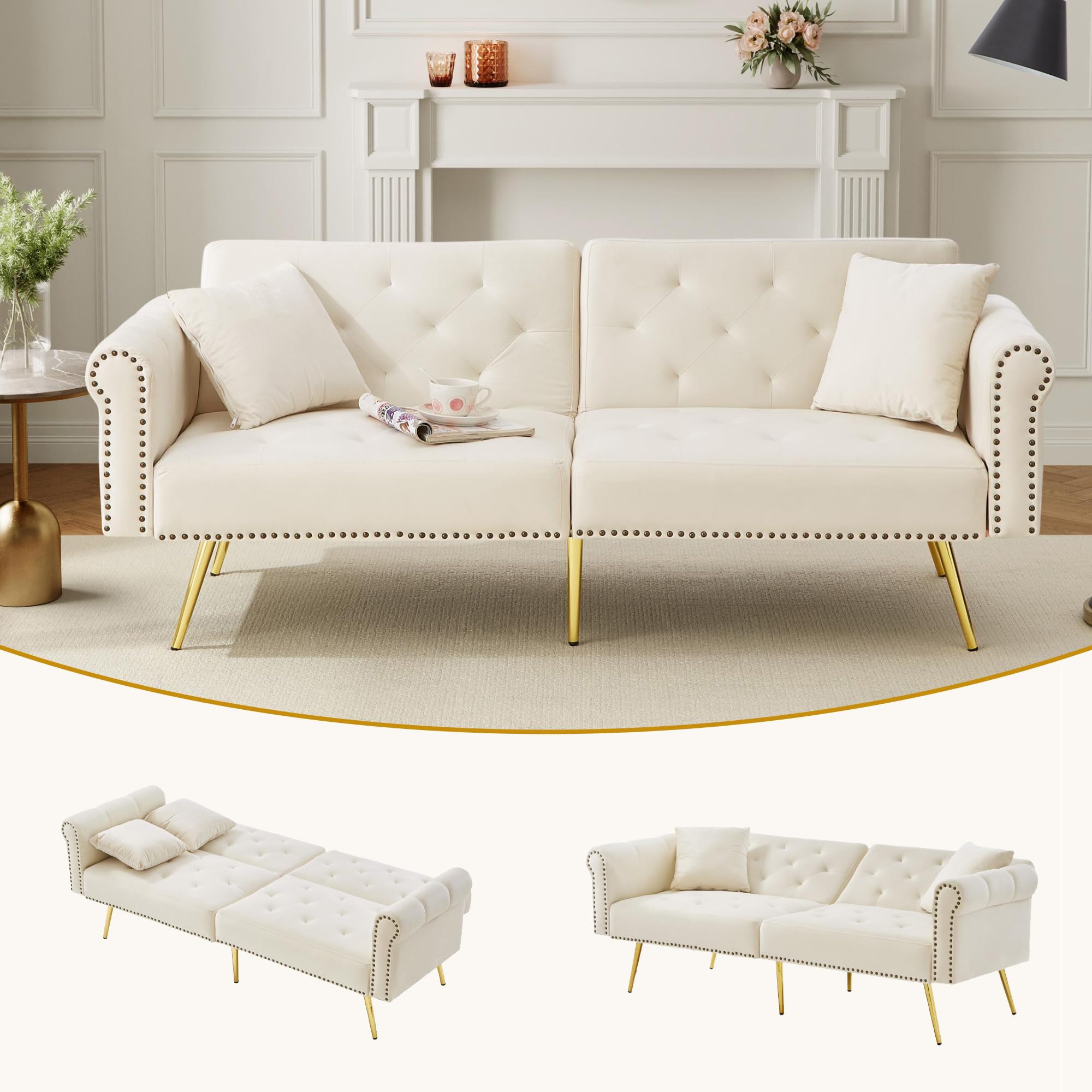 HAINEW Divano Letto Pieghevole 3 Posti In Velluto Beige Con Gambe Oro - Convertibile - 4