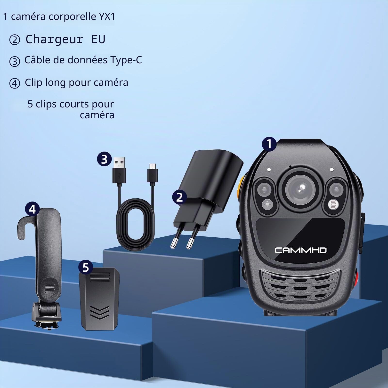 CAMMHD 1440P YX1 Camera Pieton HD 12 Heures Caméra de Corps avec Vidéo et Audio Body Cam Vision Nocturne pour l'application de la Loi Sécurité Voyage (Carte Non Incluse)