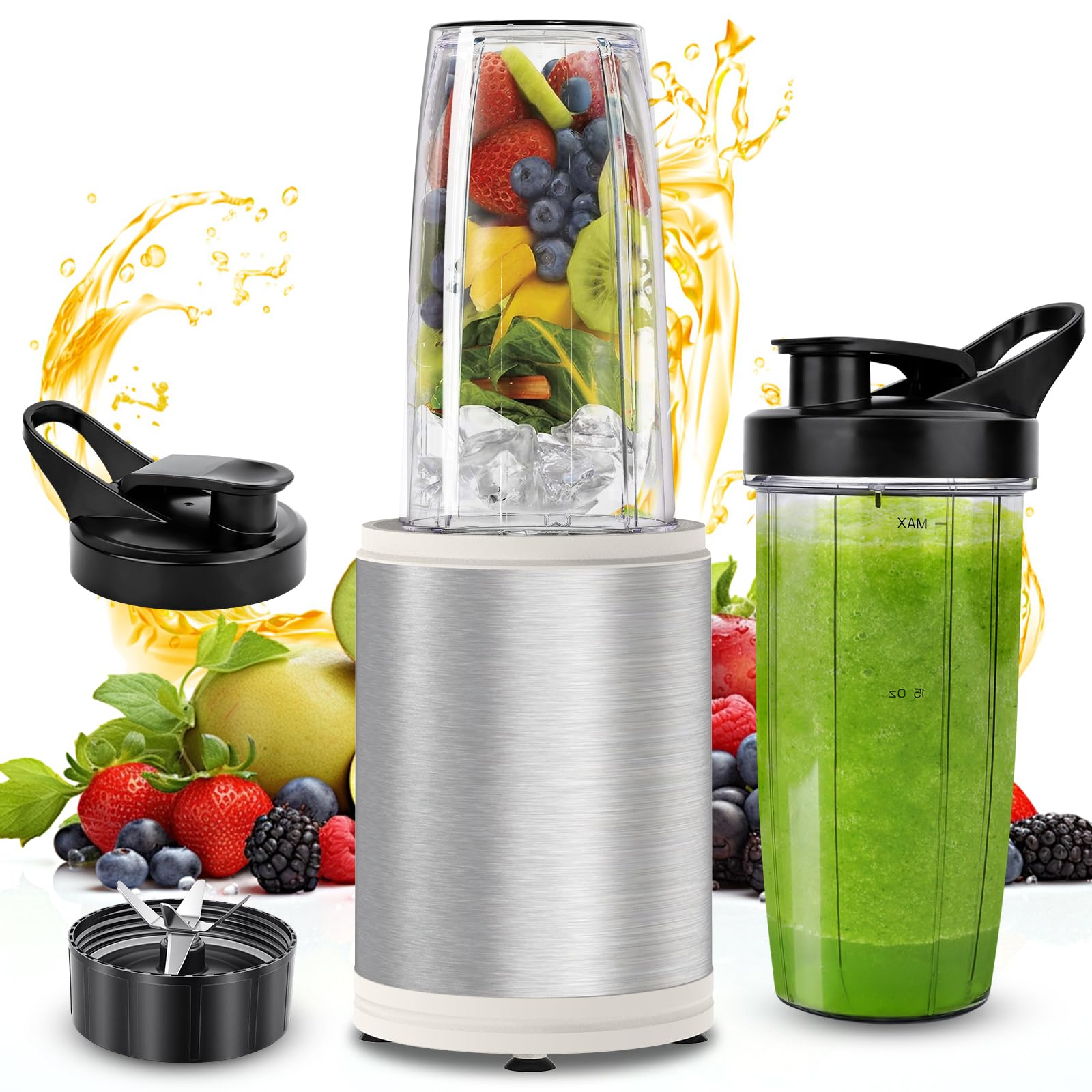 Mini Batidora, Licuadora de pulso, 1200W Batidora Smoothies con 2 x 800 ml Vasos Portátiles, Sin BPA, 6 Cuchillas de Acero Inox para batidos y smoothies