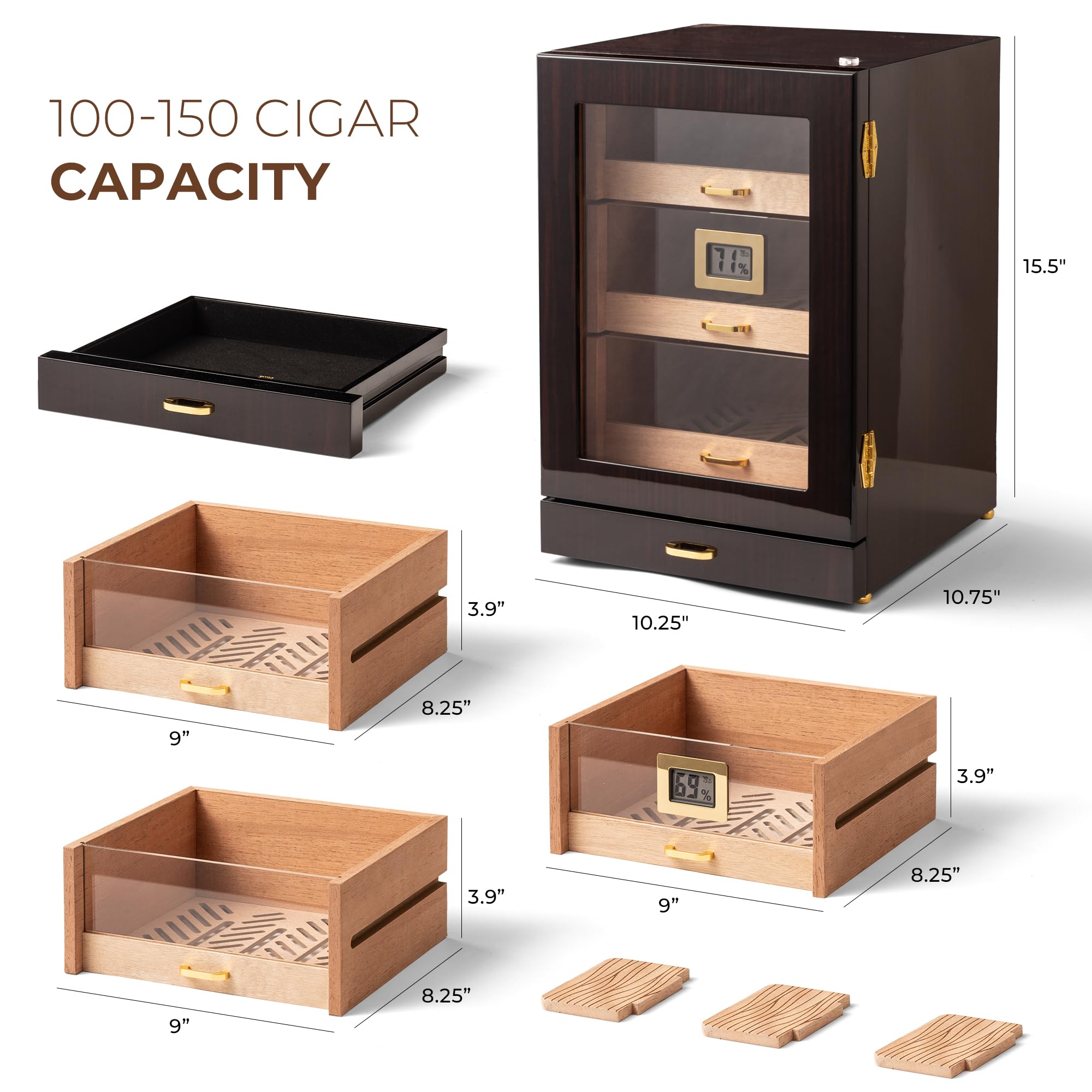 Woodronic Zigarren-Humidorschrank mit LED-Licht, magnetische Tür, 3 Schubladen und Trennwände aus spanischem Zedernholz, Zubehörschublade, digitales Hygrometer & Luftbefeuchter, glänzendes Ebenholz
