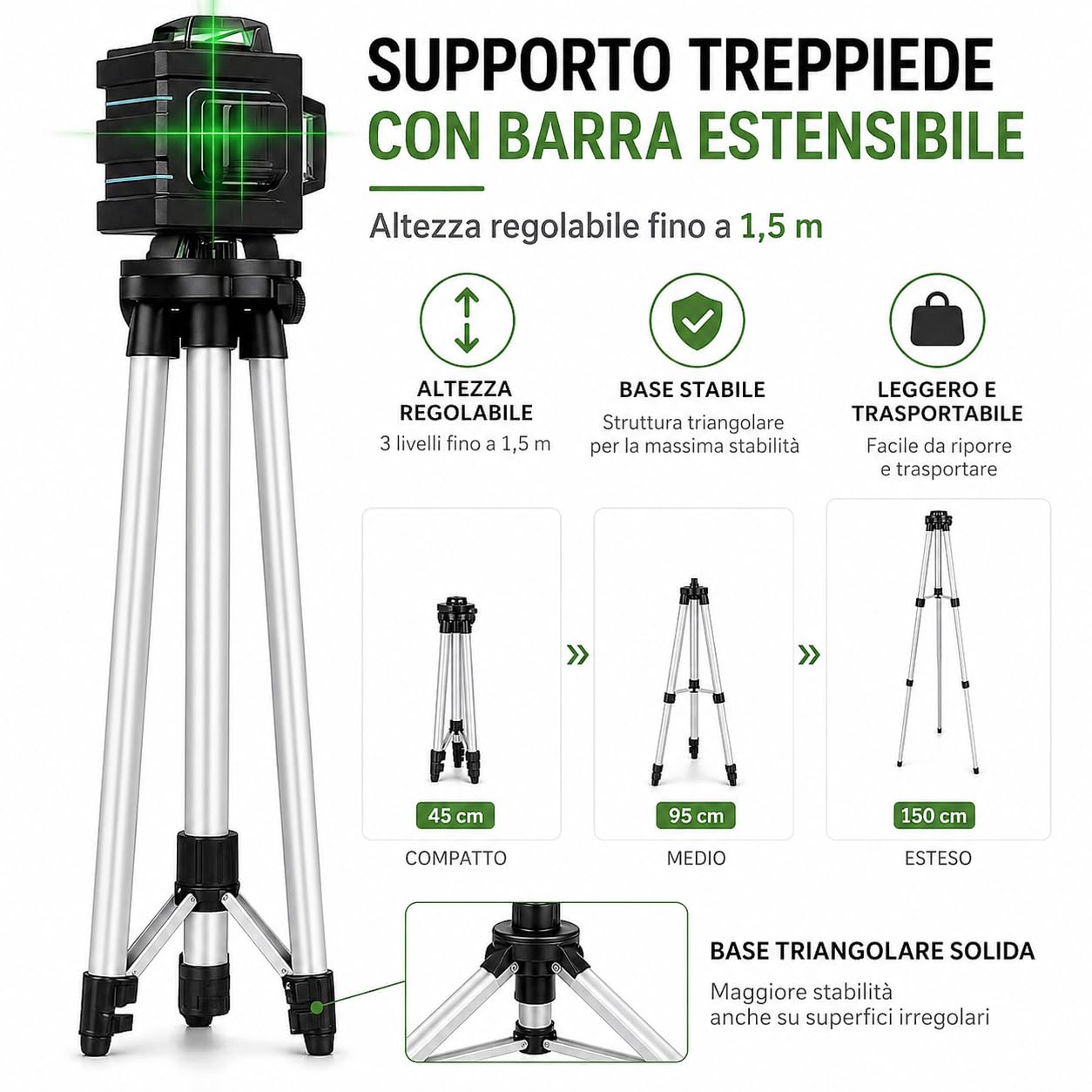 Livella Laser 4D Autolivellante 360° con 16 Linee Verdi, Sistema di Allineamento 3° Automatica, 2 Batterie Incluse, Supporto Girevole, Treppiede Regolabile fino a 1,2m, Telecomando e Valigetta