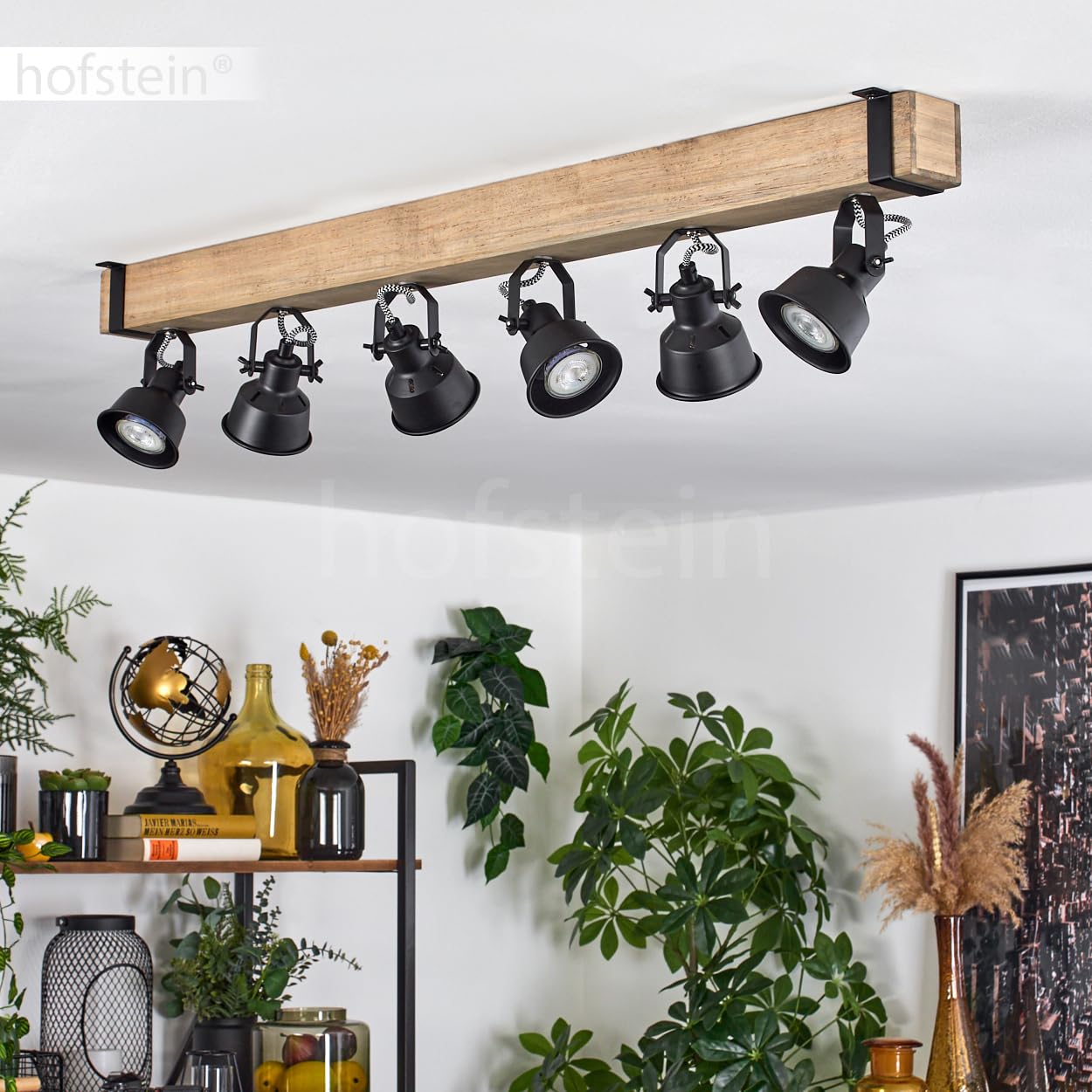 HOFSTEIN Deckenleuchte Safari, verstellbare Deckenlampe aus Metall/Holz in Schwarz/Natur, Leuchte im Industrial/Retro/Vintage-Design, Holzbalken, 6 x GU10, Wohnzimmer, Esszimmer, Schlafzimmer, Küche