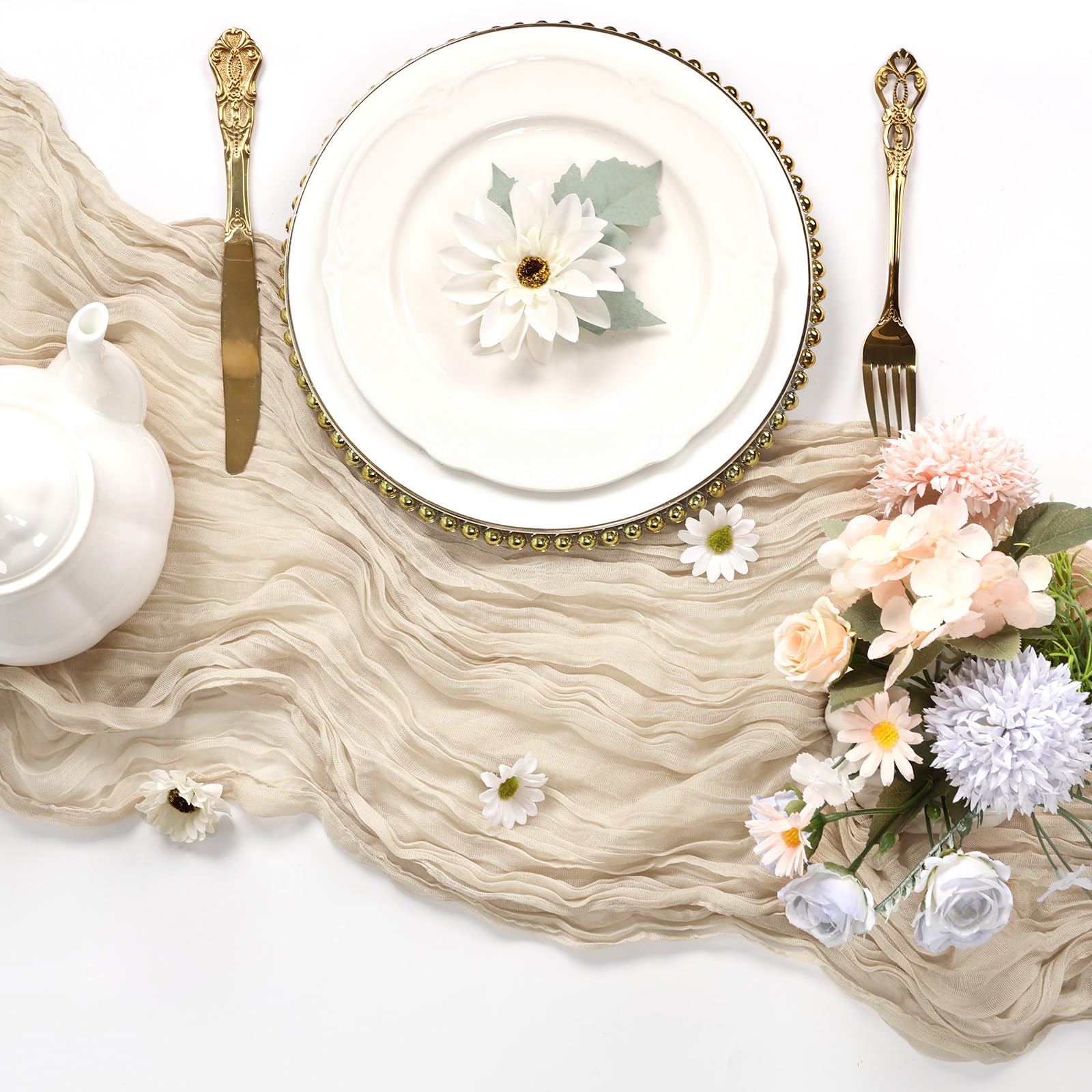 Confezione da 12 runner da tavola beige in garza, 3 m, in tessuto di garza, rustico, per autunno, Ringraziamento, matrimoni, compleanni, feste di nascita, decorazioni per la casa