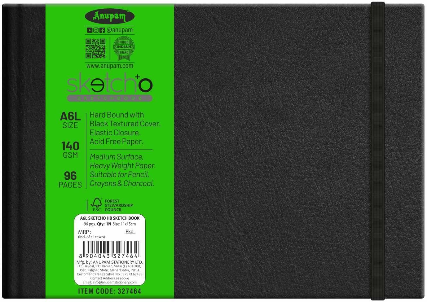 Anupam SketchO Sketchbook Hardbound, Landscape Opening A6 Size, 140 GSM Acid Free Natural Shade Paper with Elastic Closure (96 Pages)