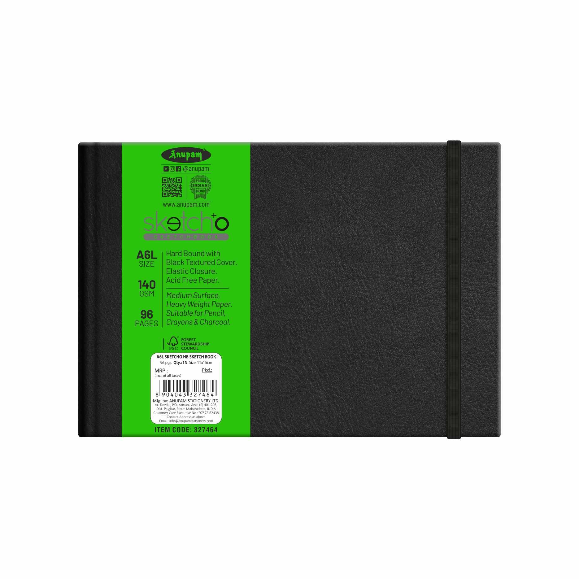 Anupam SketchO Sketchbook Hardbound, Landscape Opening A6 Size, 140 GSM Acid Free Natural Shade Paper with Elastic Closure (96 Pages)