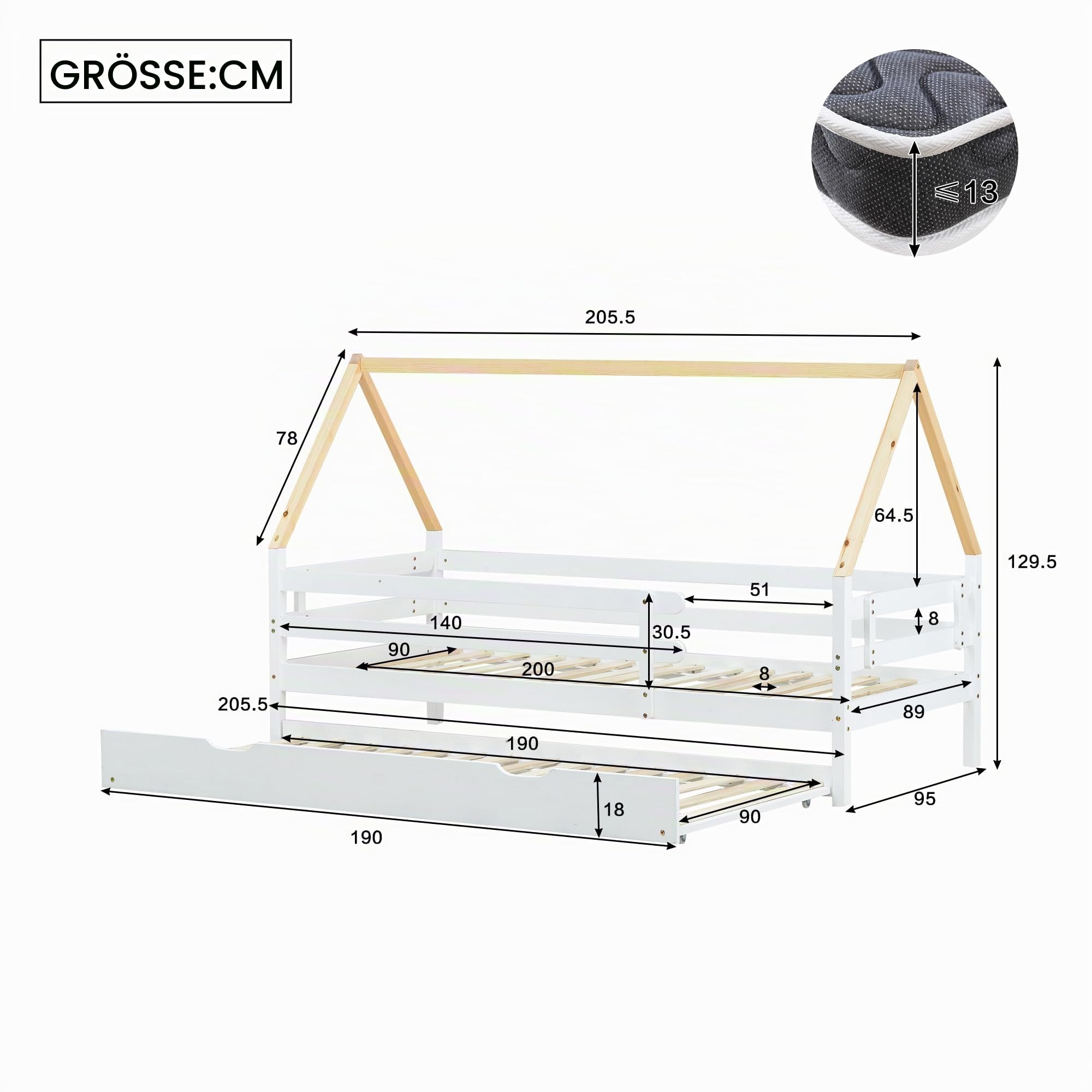 Moimhear Baumhausbett 200x90cm, Tagesbett, Einzelbett, Kinderbett, Ausziehbett, Schiebebett mit Rollen unten, Massivholz, weißes Bett, naturfarbener Dachstuhl