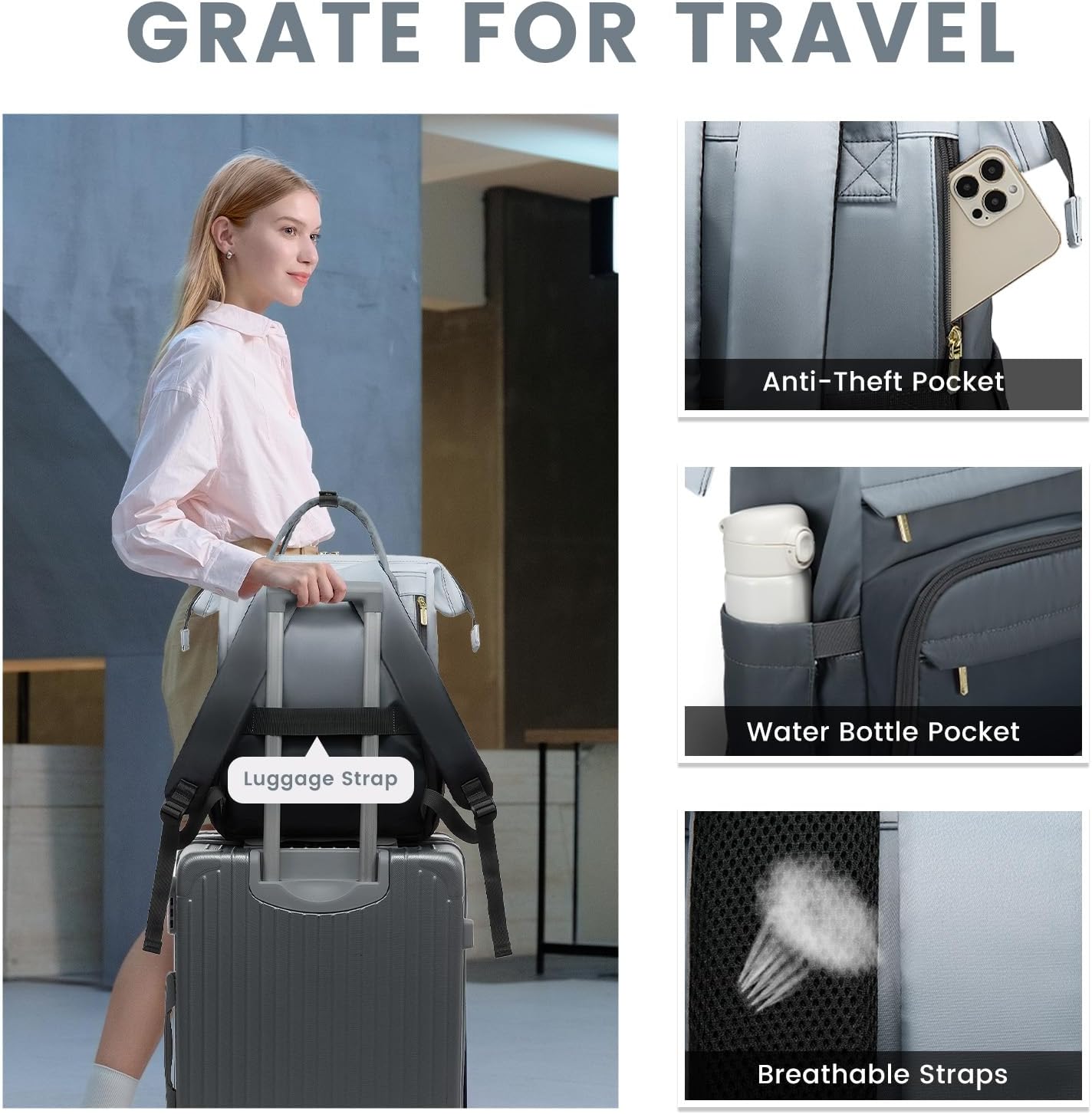 LOVEVOOK Gradient Laptop Backpack for Women,17.3 Inch Work Computer Bakcpack Purse Laptop Bag With Anti-Theft Pocket,Waterproof Carry on Teacher College Backpack for Travel,Black-White-Gray - Image 6