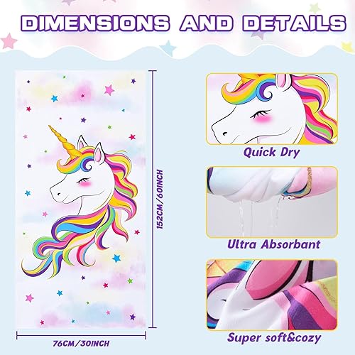 Miniatura 4 de WERNNSAI Toalla de playa de unicornio para niñas, 30 x 60 pulgadas, sin arena, para niñas, baño, piscina, camping, toalla de viaje, secado rápido,