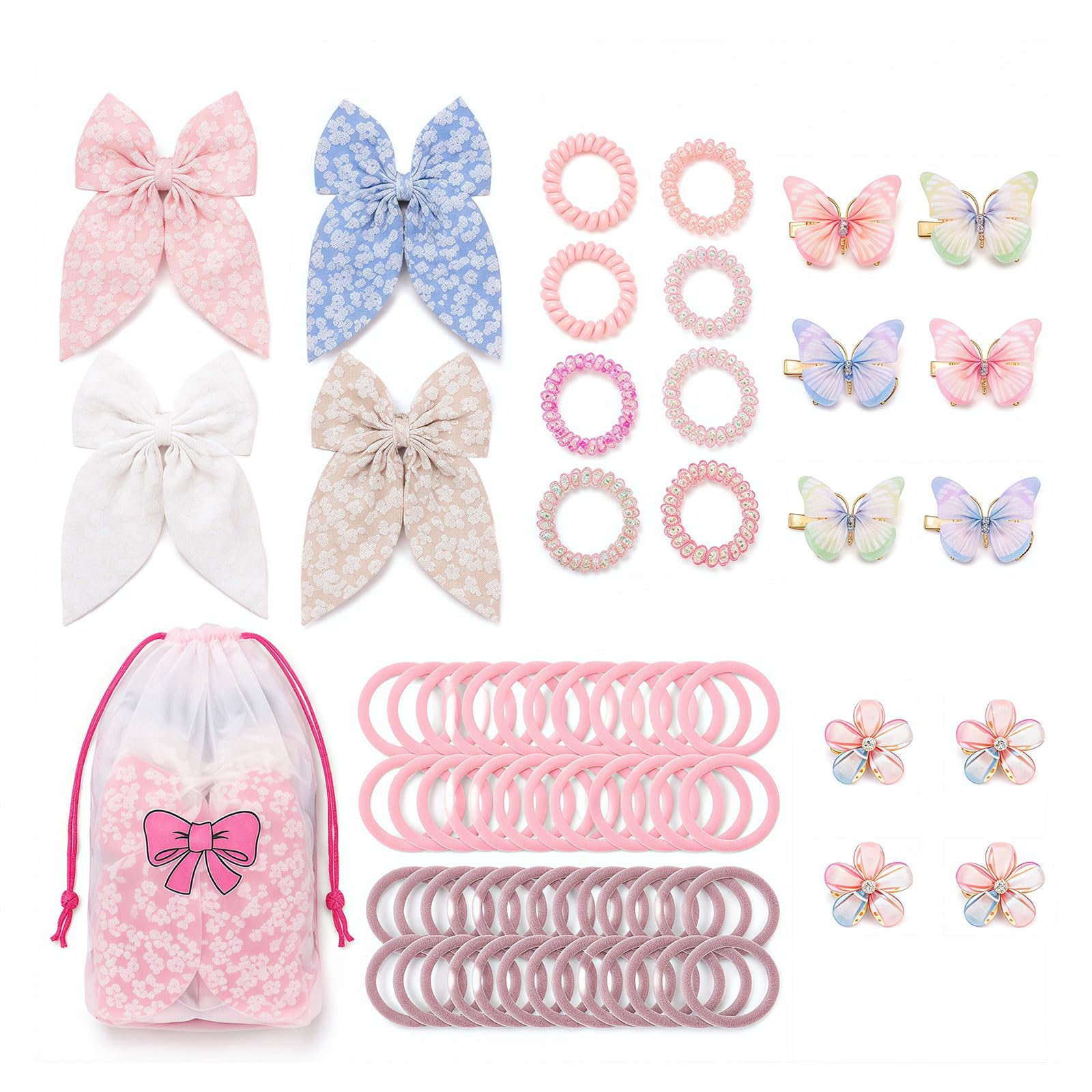 70PCS Girls Hair Accessories Set, Hair Accessories for Girls with Elastic Hair Ties, Spiral Hair Bobbles, Butterfly Clips, Crystal Flower Claws & Hair Bows for Toddlers, Kids and Teens