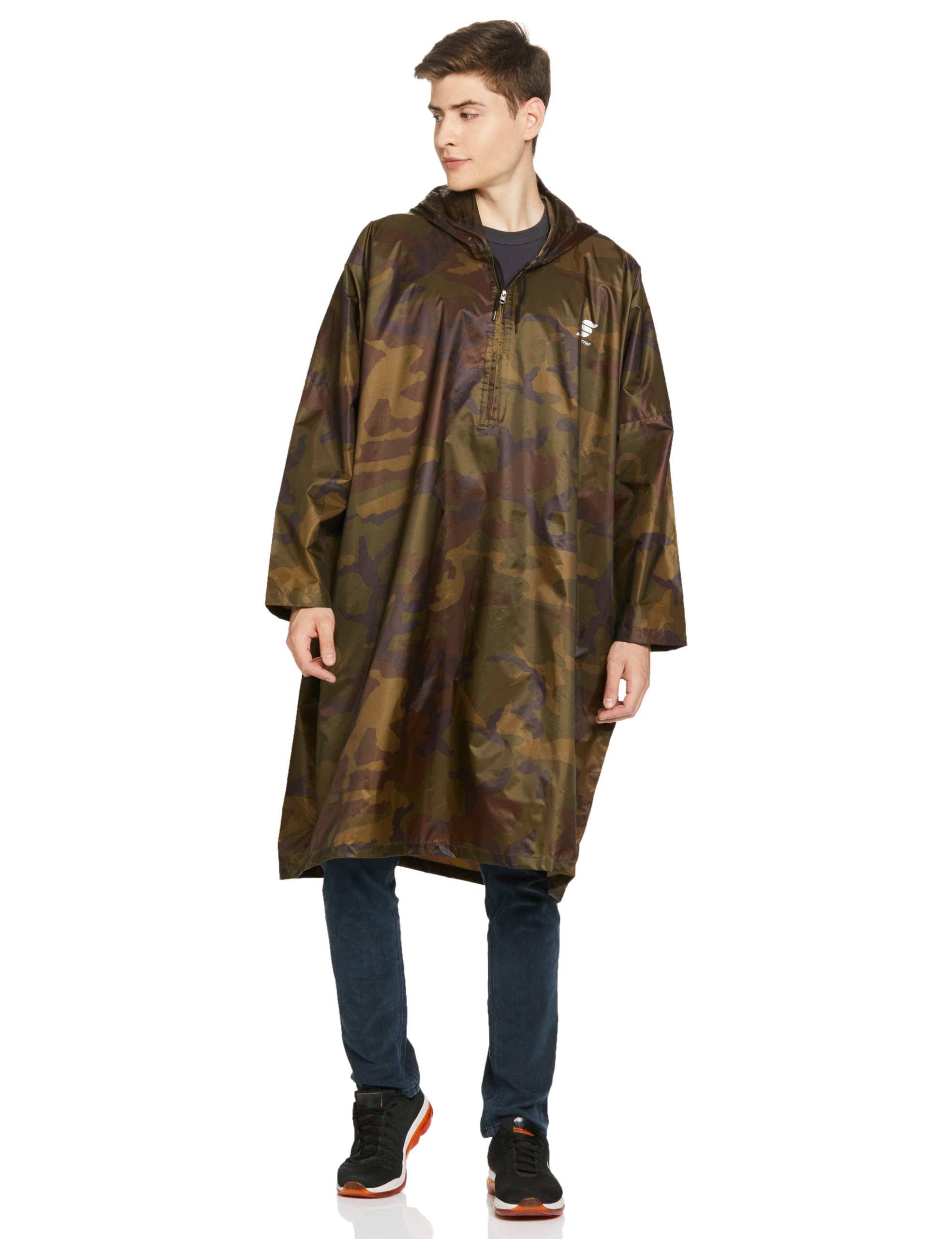Amazon Brand - Symactive Lightweight Water-Resistant Reusable & Packable Hooded Poncho Rainwear/Raincoat | 100% Polyester With Seam Sealed Hood & Pvc Coating | Unisex (Free Size, Camo), Knee Length