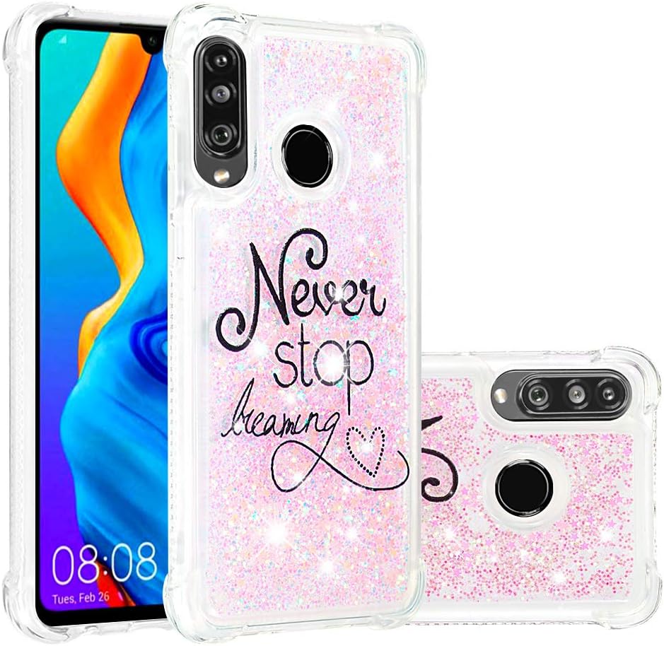 HMTECHUS Huawei P30 Lite case Glitter Liquid Sparkle Floating Luxury Shiny Quicksand Clear Soft TPU Silicone Shockproof Protective Bumper Thin Cover for Huawei P30 Lite Bling Pink Letters YB