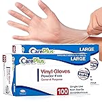 CARE PLUS Vinyl Gloves Clear Large Size 200 Count | Heavy Duty, Non-Sterile, Powder-Free, Latex-Free Rubber | Food Prep, Kitchen & Cleaning Gloves, Ideal for Professional Use