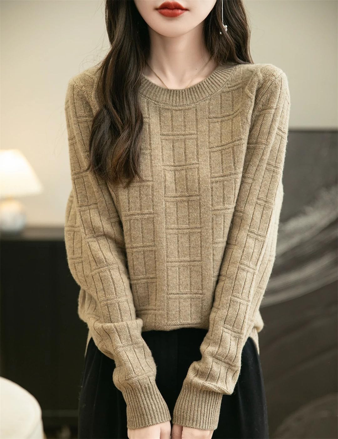Maglione da donna in lana merino autunno inverno tinta unita girocollo caldo manica lunga maglione pullover lavorato a maglia