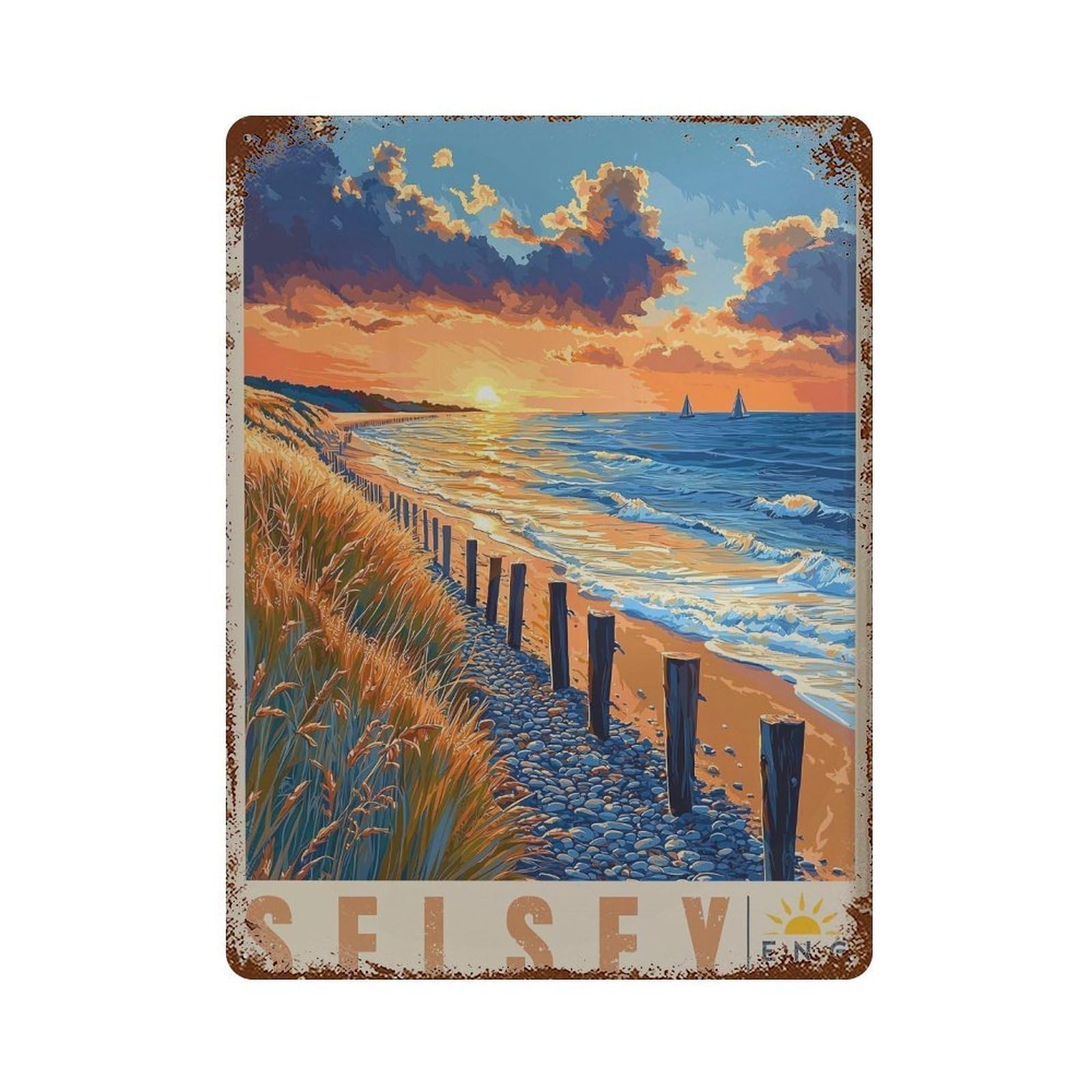 xiaoxiaoshen Selsey Beach Sunset Coastal Landscape Wall Decor Art Metal Tin Poster Modern Home Decor Art Home Bar Shop Decorations Vintage Sign 40x30cm