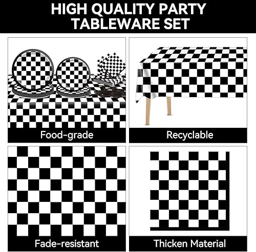 Miniatura 2 de 111 piezas de decoración de fiesta de carreras a cuadros en blanco y negro, juego de vajilla para fiesta de automóvil, platos de fiesta temática de