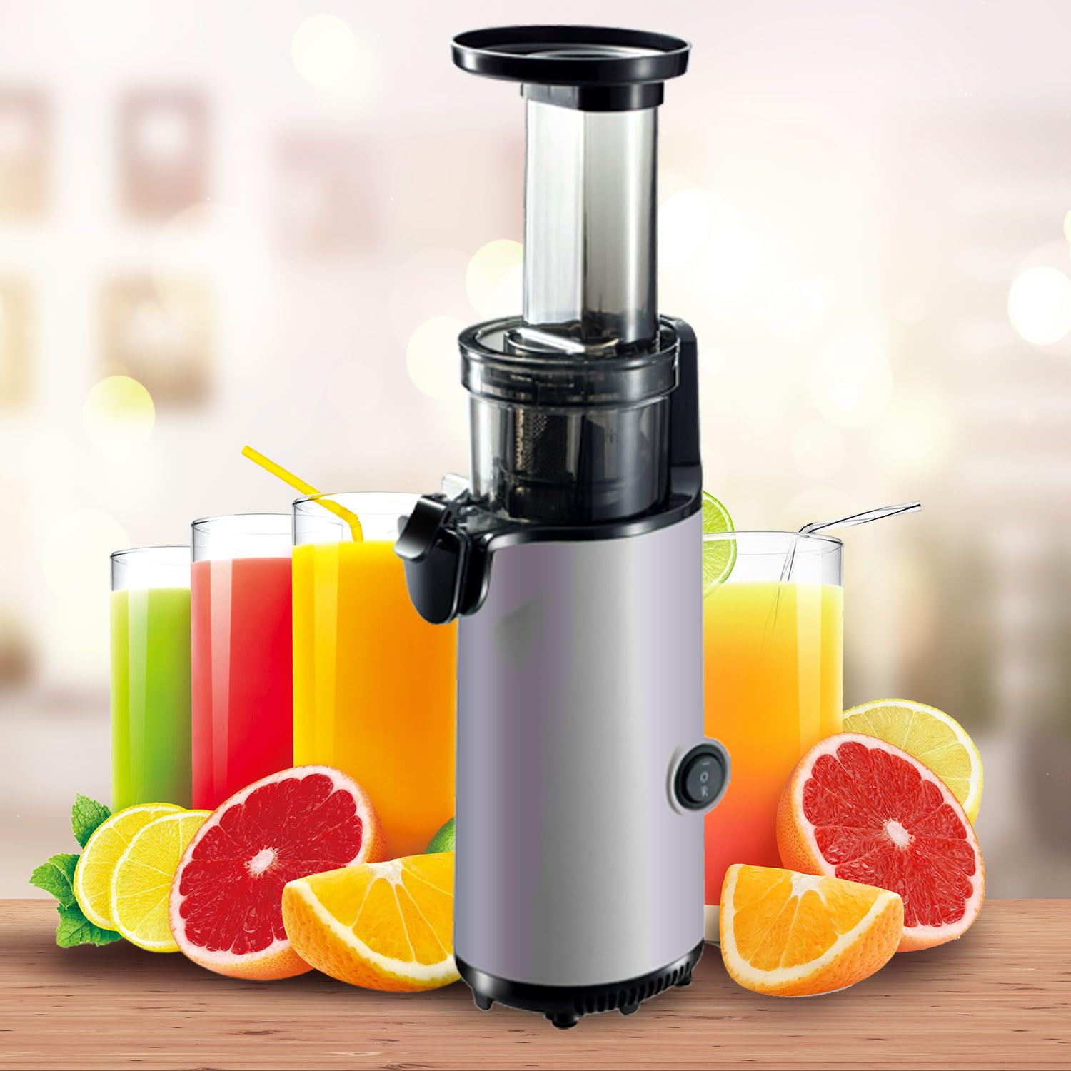 JuiceInstant Extractor de zumo - Exprimidor lento silencioso de prensado en frío, funcion licuadora para frutas y verduras, extracción de nutrientes, espacio pequeño (Grafito)
