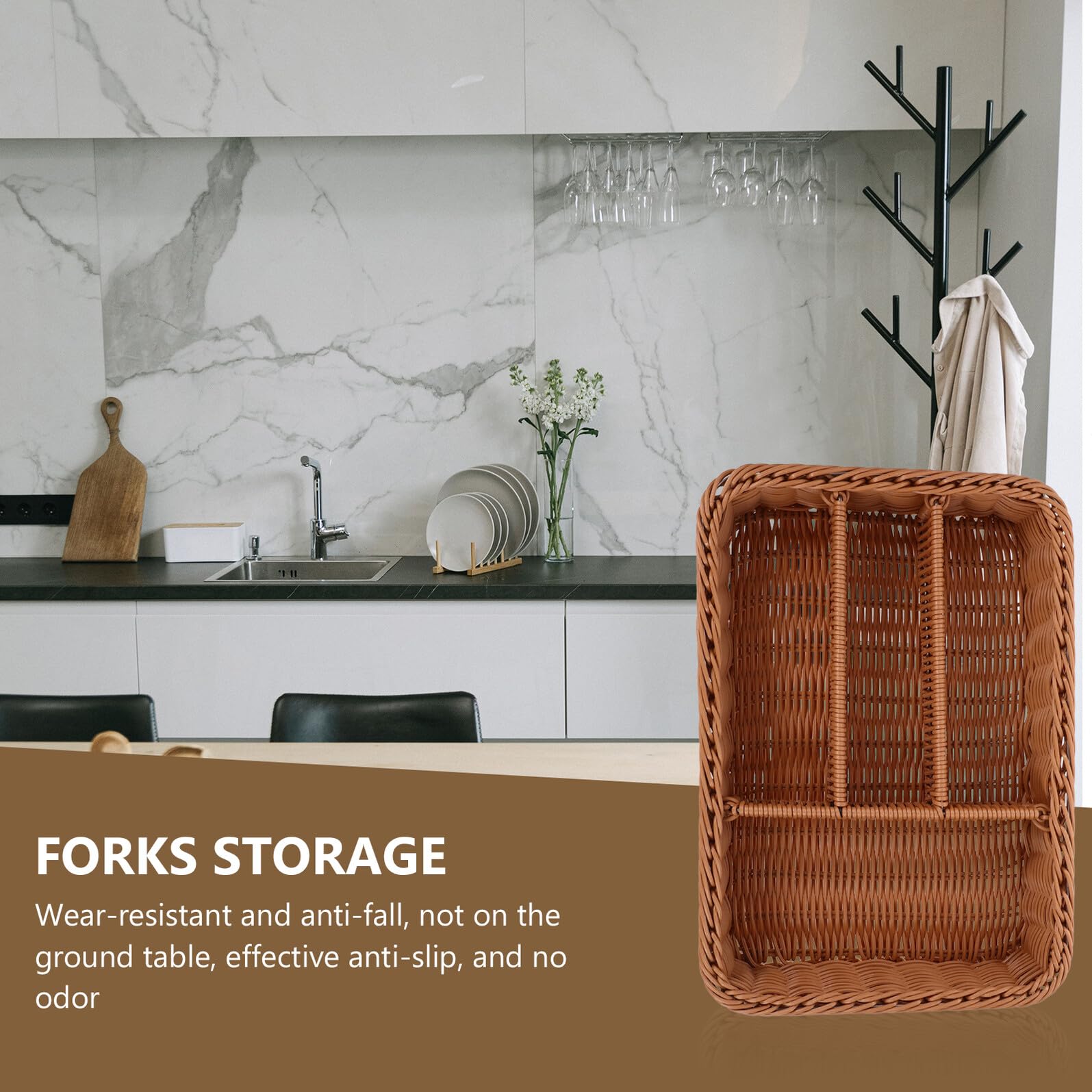 Cesta Organizadora de Cubiertos con Compartimentos Malla Tejida Imitación Ratán Bandeja Resistente y Multiusos para Cocina y Baño