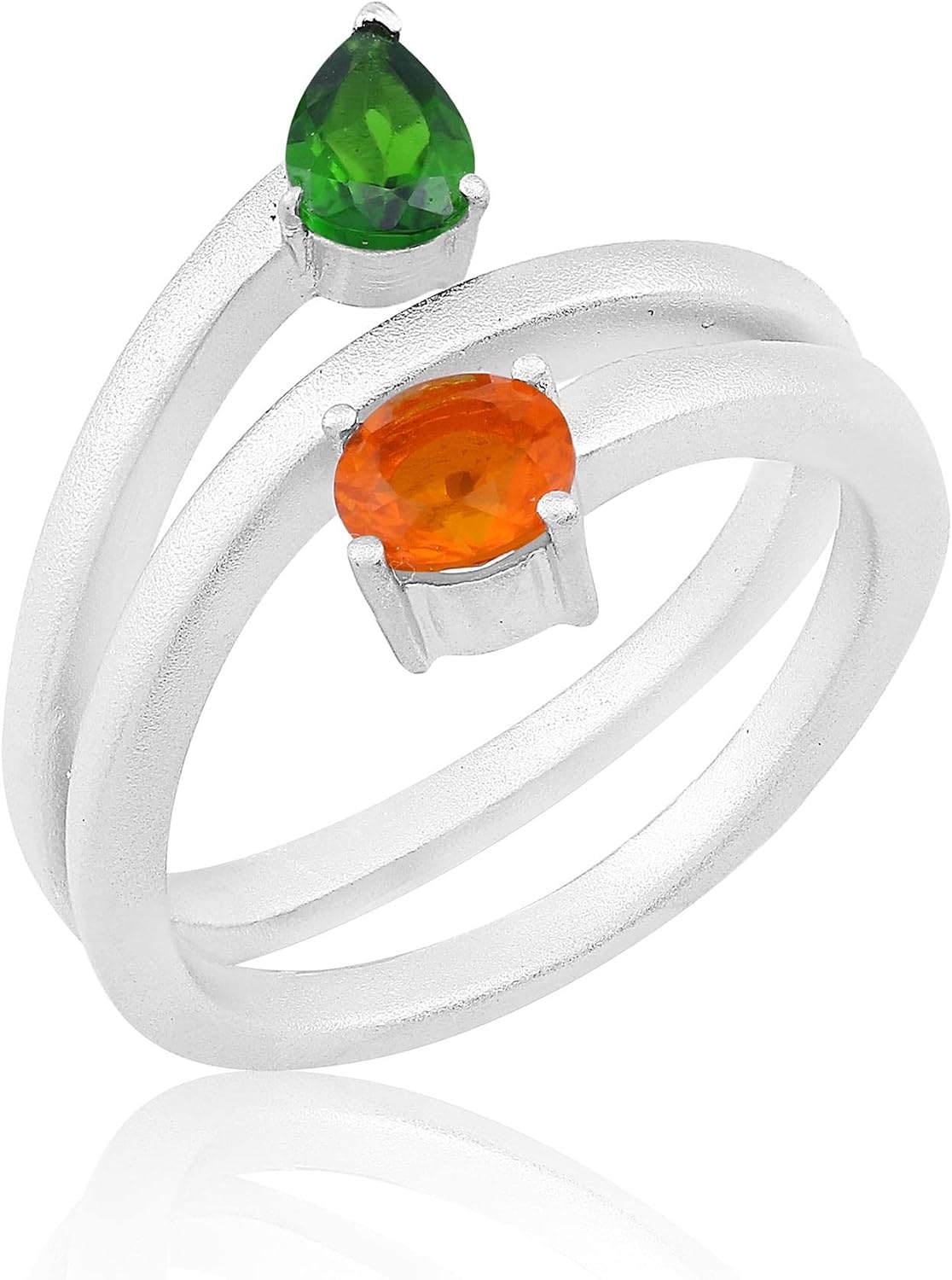 Women Sterling Silver Chrome Diopside and Fire Opal Bypass Ring | Birthstone Jewelry Gift for Her