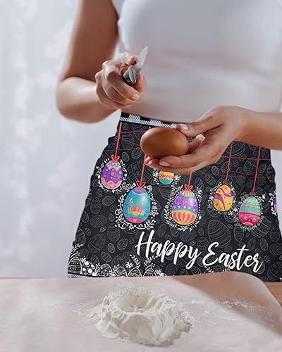 Miniatura 2 de Delantal de camarero de Pascua negro con bolsillos, huevos coloridos de primavera, hierbas florales silvestres, cintura media cocina, barbacoa,