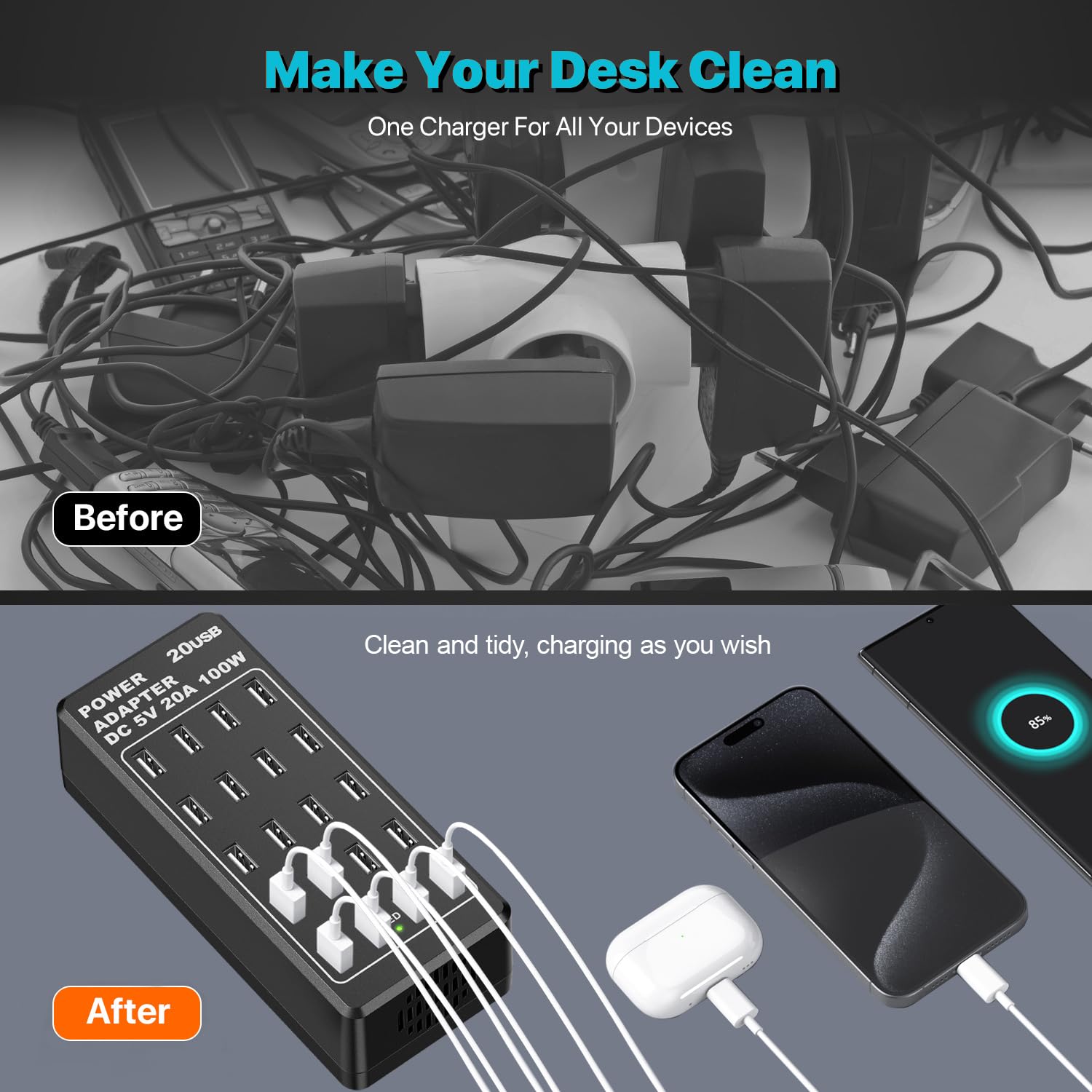 Caricatore USB, stazione di ricarica USB-A da tavolo a 20 porte, caricatore intelligente usb multifunzione da 100 W, compatible con iPhone 11/12/13/14/15/Samsung S22/S23/S24/Google Pixel/iPad/tablet