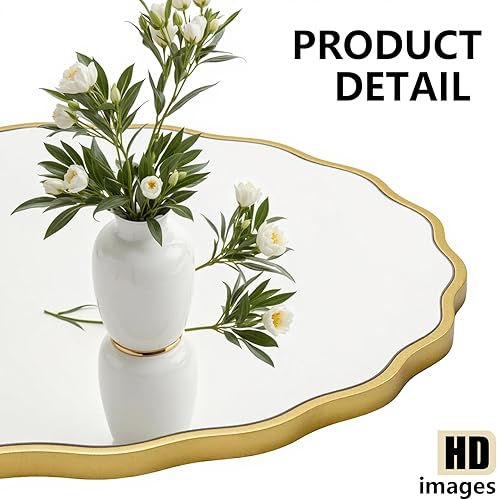 Miniatura 3 de H HOMEWINS Espejo de pared circular de 28 pulgadas, espejo redondo decorativo ondulado dorado, espejo de madera de tocador de granja, espejo de