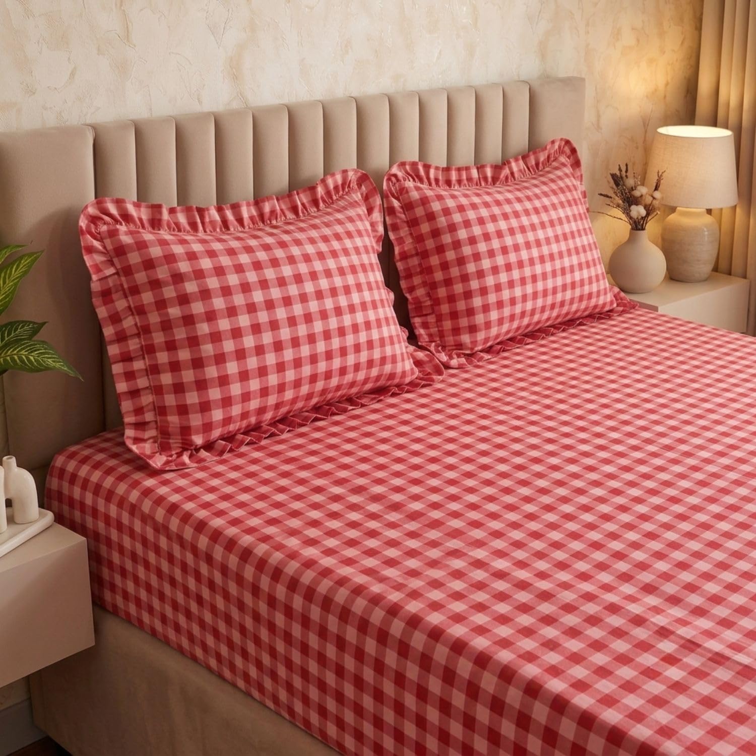 Dream Weaverz Abstract Boho Fitted Bedsheet with 2 Frill Pillow Covers | Double & King Size 182x198 cm | 360° Elastic | Pinterest Aesthetic | Fits Upto 72 X 78 inch Mattress | Dark Pink-picture-18