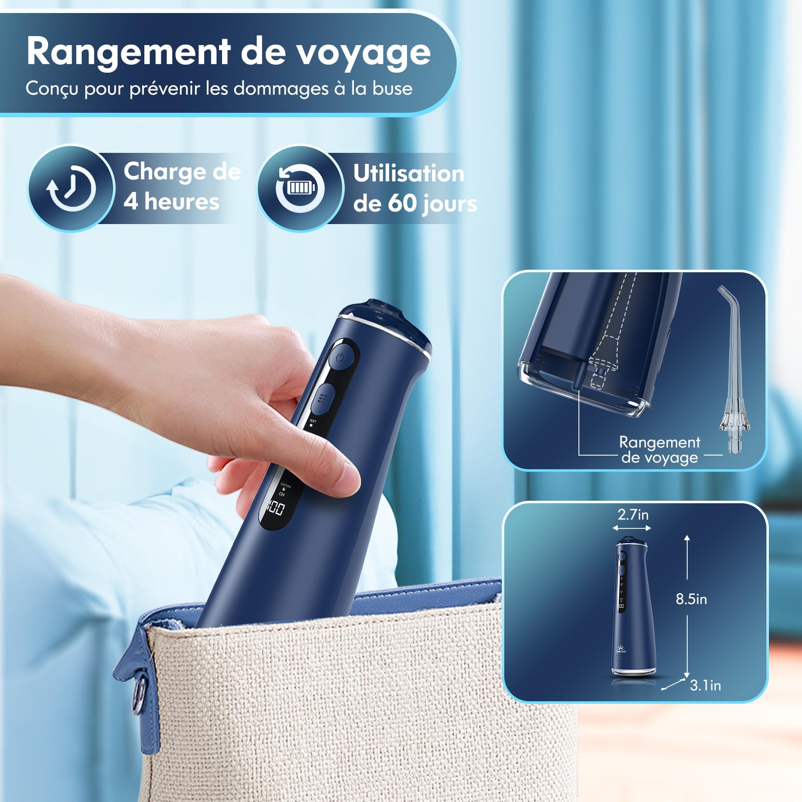 Jet Dentaire Hydropulseur Dentaire, Water flosser Hydropulseur et Irrigateur avec 8 Modes Personnalisables 7 Buses Réservoir de 300 ml (Bleu)