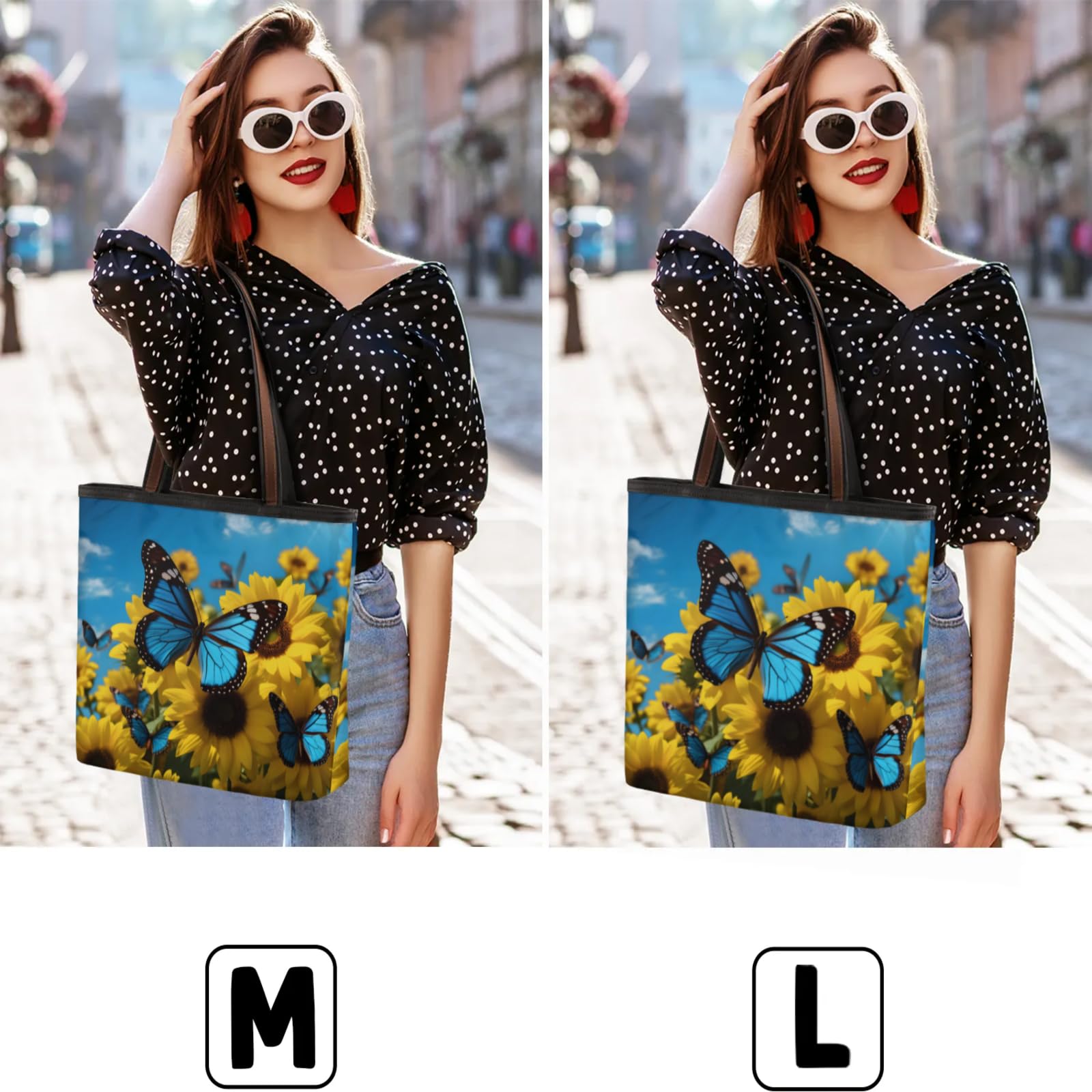 Beautiful Butterfly Sunflower Tote Bag Multi Pocket Zippered Beach Bag Lightweight Waterproof Handbag for Women Men Work Gym Travel Swimming Yoga Grocery Shopping M