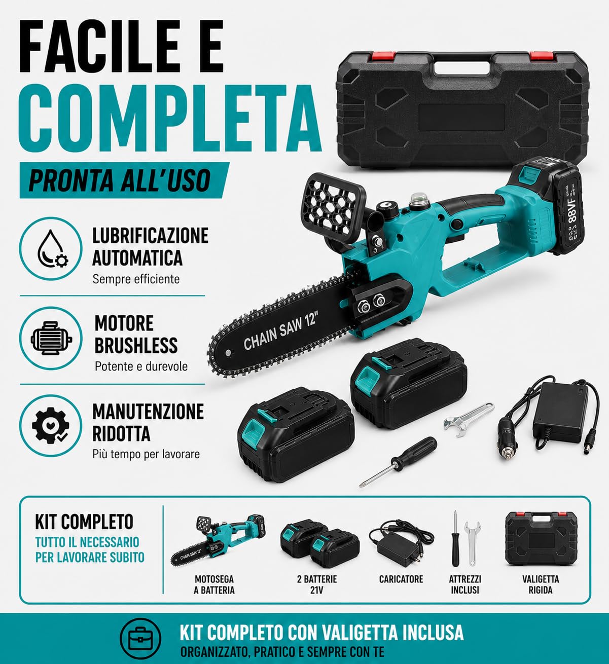 Motosega a Batteria 21V 400W con Lama 12" (30 cm) – Doppia Batteria Litio Inclusa, Motore Brushless, Lubrificazione Automatica, Valigetta e Accessori – Per Taglio Legna e Potatura