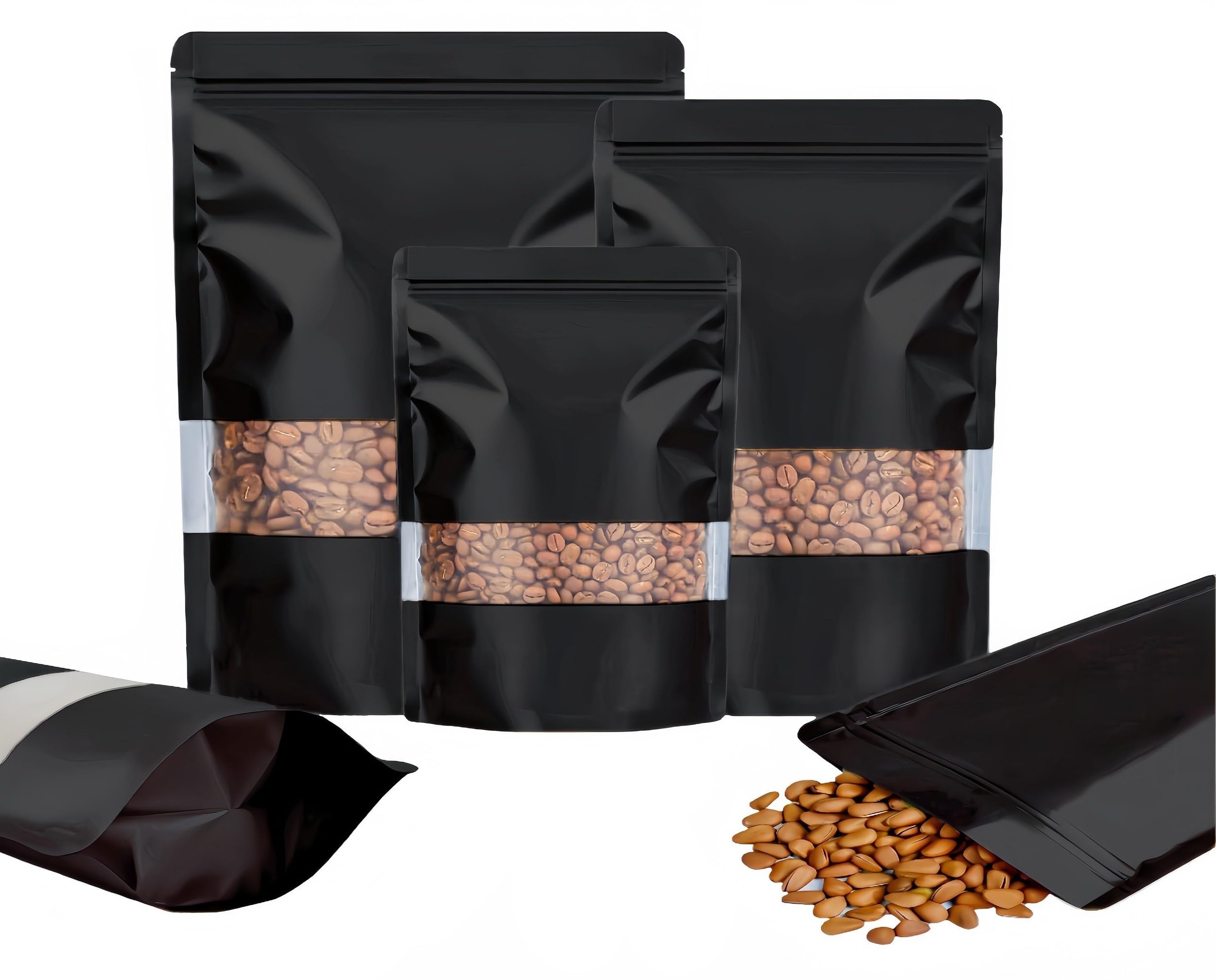 Rimiko 100pcs Resealable Stand up Foil Pouches with Clear Window, Zipper Aluminum Ziplock Bags, Mylar Bags for Food Storage, Colorful Matte Packaging for Candy Coffee Beans (Black, 4.7"x 7.9")