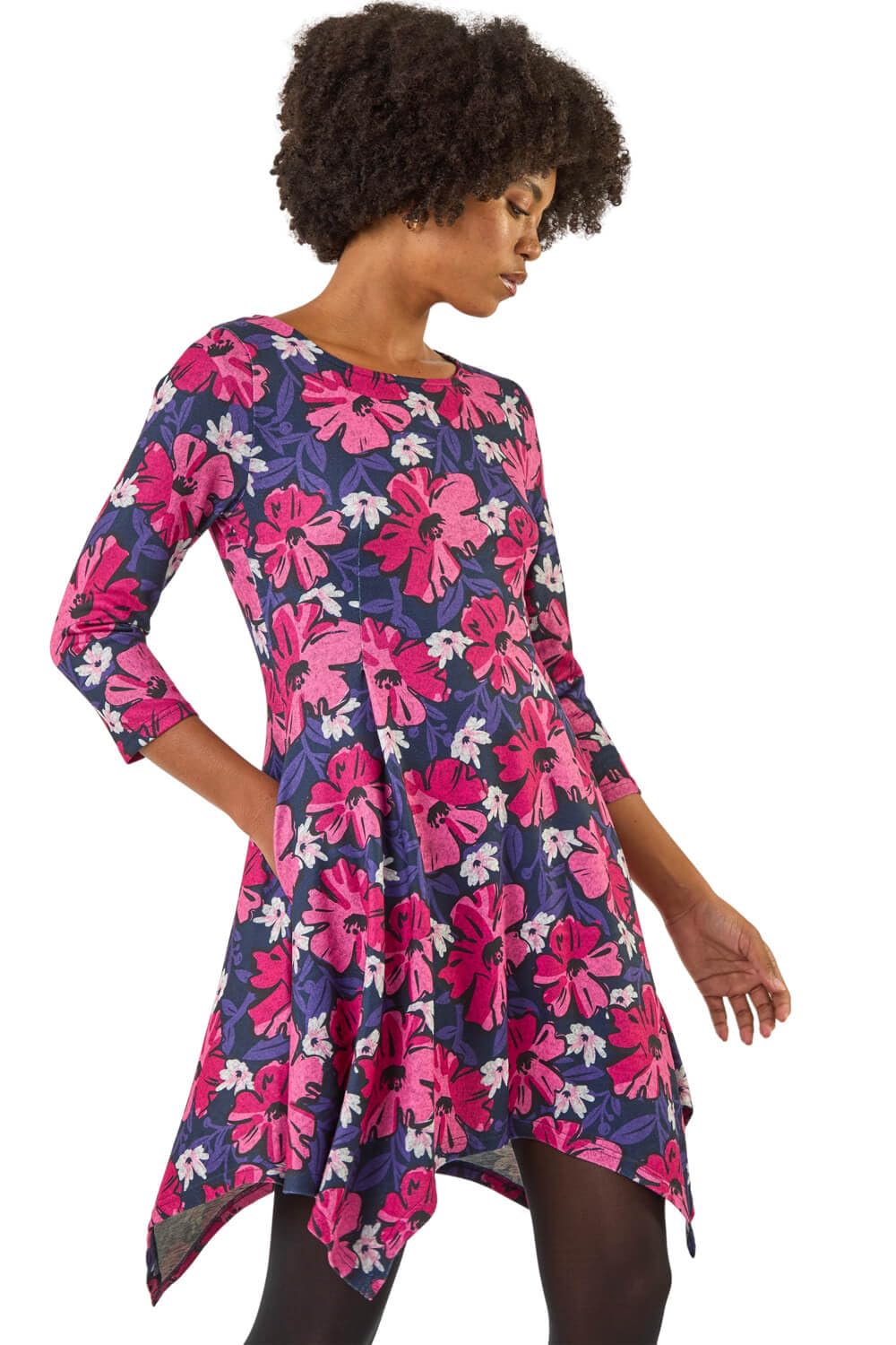 Roman Hanky Hem Swing Dress with Pockets for Women UK Ladies Asymmetric Hemline Stretch Jersey 3/4 Sleeve Winter Smart Casual Work Office Knee Length Tunics - Pink Blue - Size 10