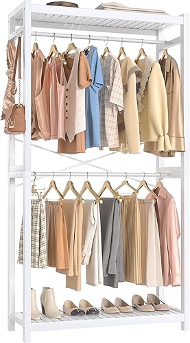 Homykic Perchero de Bambú con Estantes y Varillas Dobles para Colgar, Sistema de Armario Portátil, Perchero para Colgar Ropa, Estante de Ropa Alto,