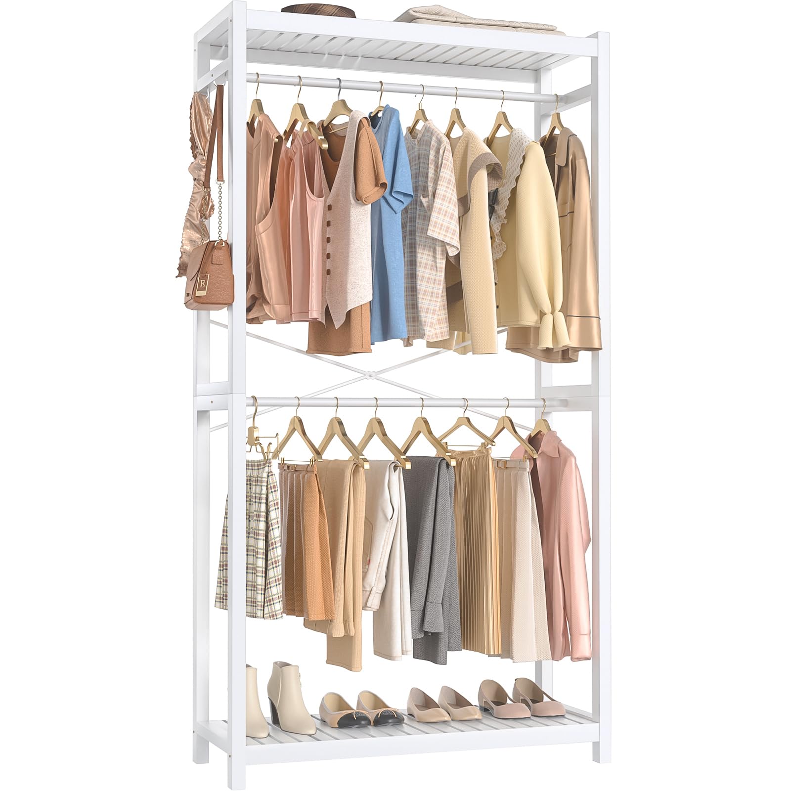 Homykic Bamboo Clothes Rack with Shelves and Double Hang Rods, 34”W x 79”H Portable Closet System Garment Rack for Hanging Clothes, Wood Clothing Rack for Walk In Closet Corner Laundry, White